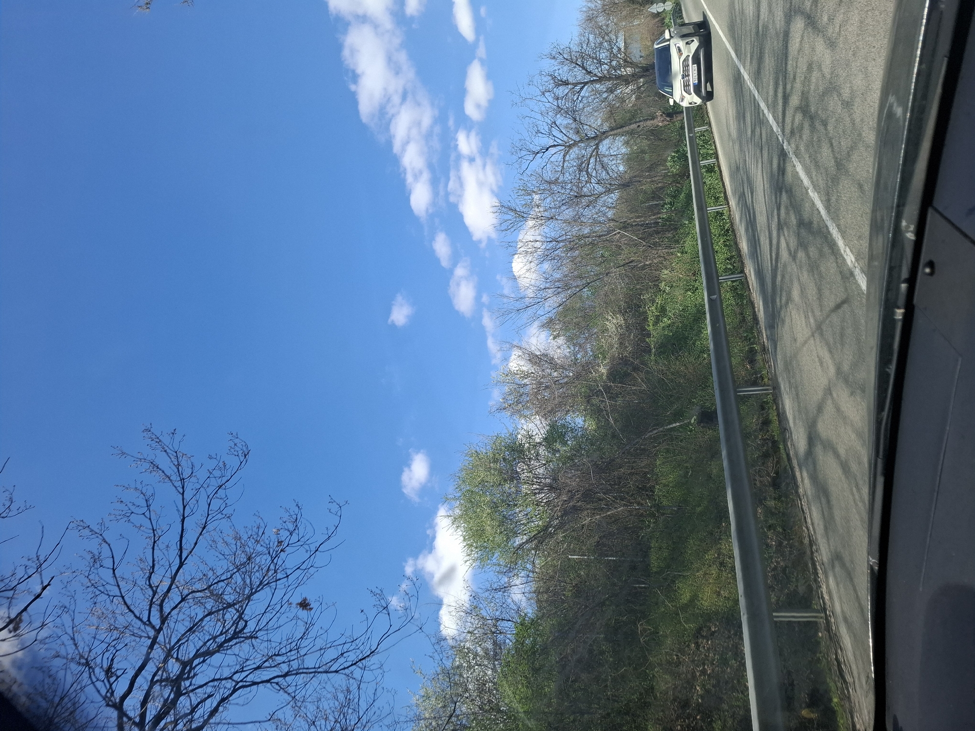 The image shows a roadside scene, likely taken from inside a moving vehicle. A white car is seen on the road, driving in the opposite direction. The road is marked with a solid white line. A guardrail separates the road from a grassy area with trees. The sky is blue with scattered white clouds. Part of the car's interior, including the frame of the door or window, is visible on the right side of the image. Based on the prompt information, the location is likely Tsar Simeonovo, Bulgaria.