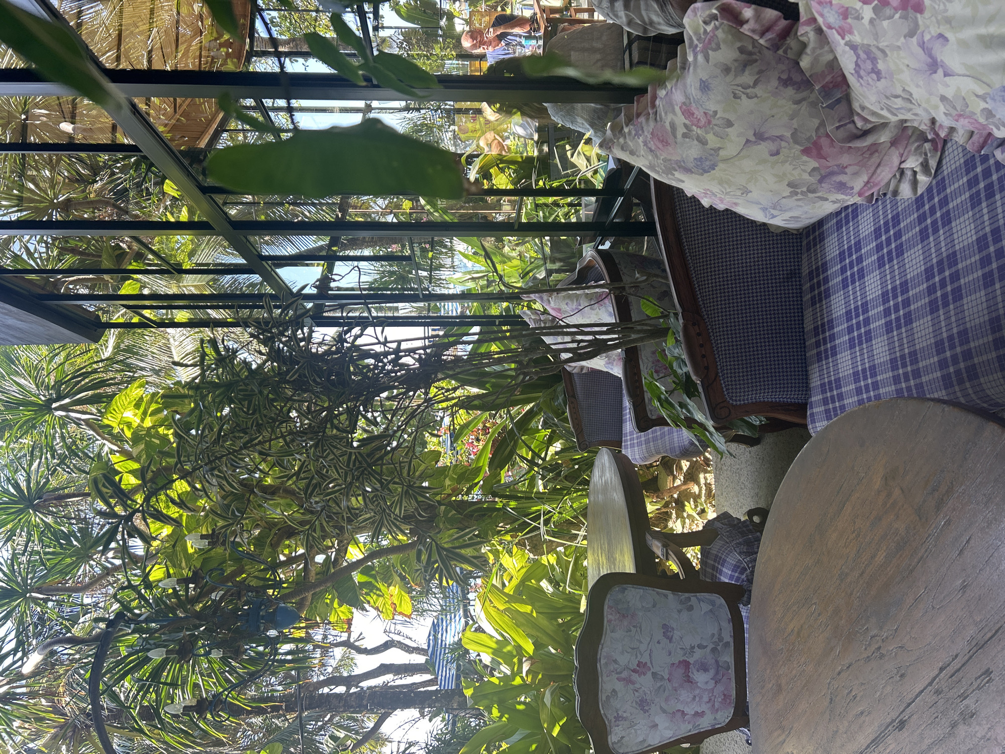 This image depicts an outdoor seating area of a cafe or restaurant located in Denpasar, Indonesia, specifically near a beach given the presence of umbrellas and palm trees. The foreground shows a round wooden table and upholstered chairs with floral and checkered patterns. The chairs have carved wooden frames and plush cushions. Behind these, through a glass-paneled wall with black metal framing, a seating area is visible with more chairs and tables. Several people are seated inside, including a man in a blue shirt and a woman. The environment is lush with abundant tropical greenery, including palm trees and various plants. Sunlight filters through the leaves, creating dappled shadows. The overall impression is a relaxed, tropical ambiance.
