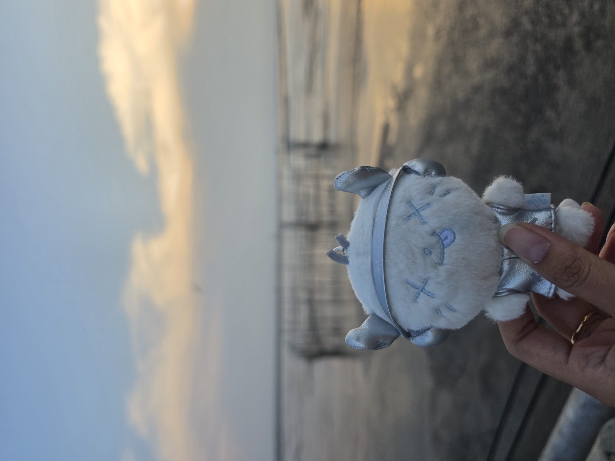A photograph taken in Bang Pu Subdistrict Municipality, Thailand, shows a hand holding a plush toy against a backdrop of a body of water under a sky with light clouds. The toy is predominantly white with silver accents and has embroidered details suggesting a face. The hand is holding the toy on the right, with a gold ring visible on one finger. The background features a body of water that extends into the distance, with visible structures emerging from the water. The sky is visible in the upper left, showing soft, light clouds. The overall scene suggests an outdoor setting near the water.