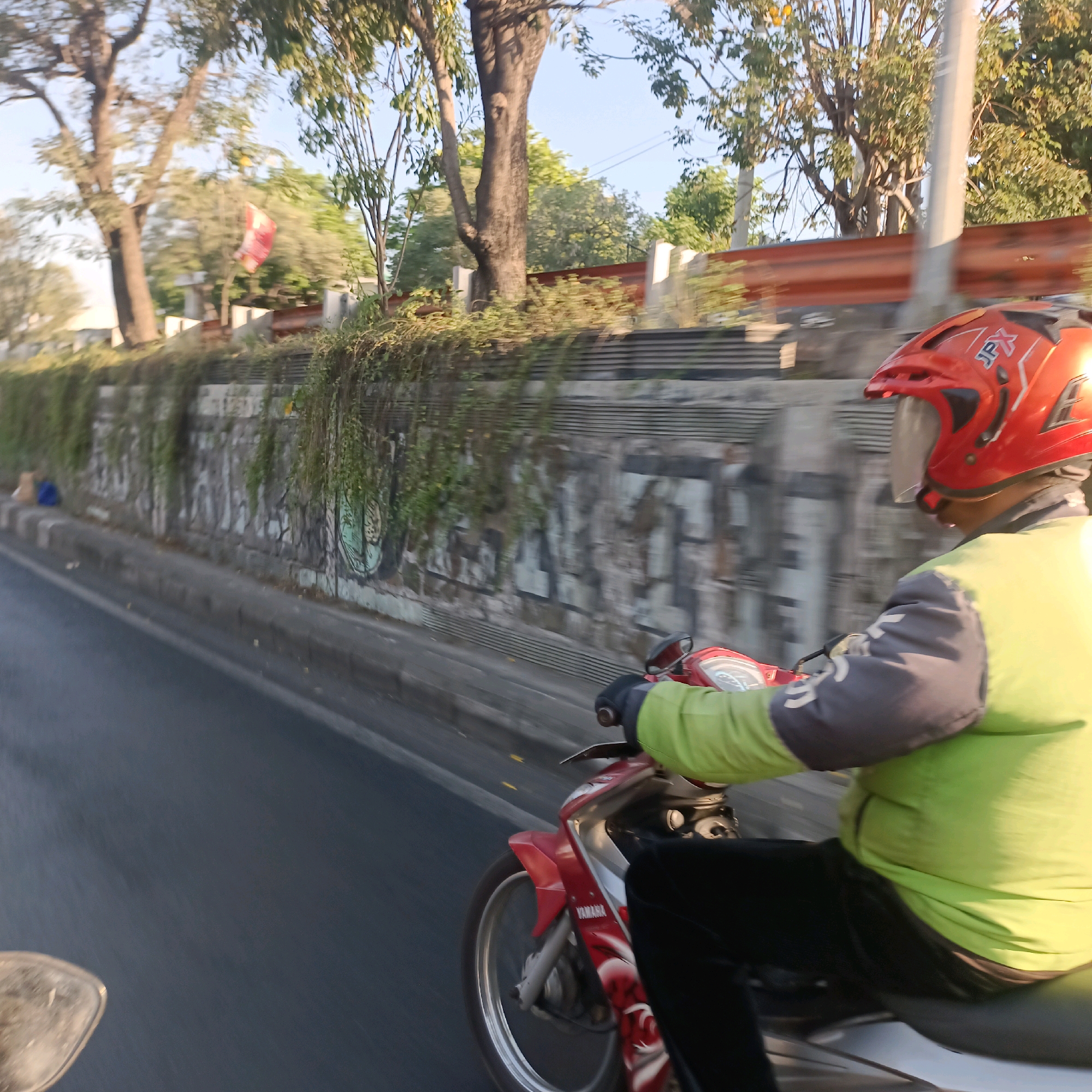 The image shows a person riding a red and white Yamaha motorcycle in Surabaya, Indonesia. The rider is wearing a red helmet and a bright green jacket. The motorcycle is moving along a street with a stone wall on the right side, which is covered in ivy and graffiti. Trees and a clear sky are visible above the wall. A flag is also visible hanging from a tree branch in the background. The scene is captured in motion, suggesting the perspective of another moving vehicle.