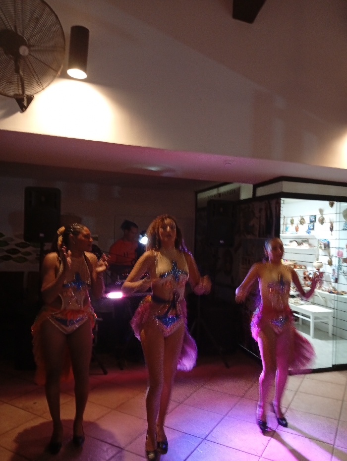 This image captures an indoor live performance at a venue in Playa El Agua, Venezuela. Three adult females are featured prominently in the foreground, dressed in elaborate, multi-colored, sequined two-piece costumes with sheer, flowing fabric attached to the hips. They are wearing black high-heeled shoes and appear to be dancing or performing.
The leftmost female has dark hair, styled in braids, and holds a microphone in her right hand, with her left arm raised. The central female has long, wavy dark hair and is positioned centrally, facing forward. The female on the right is captured with motion blur, indicating movement, and has her arms slightly raised.
In the background, a male individual wearing an orange shirt is partially visible behind sound equipment, including two large black speakers on stands. A horizontal light bar on the floor projects pink and purple light onto the performers. The ceiling is light-colored, featuring a ceiling fan with integrated lighting and an additional cylindrical spotlight. The floor is covered with light-colored tiles. To the far right, a brightly lit display case exhibits numerous small objects, consistent with merchandise or souvenirs, alongside a small white table.