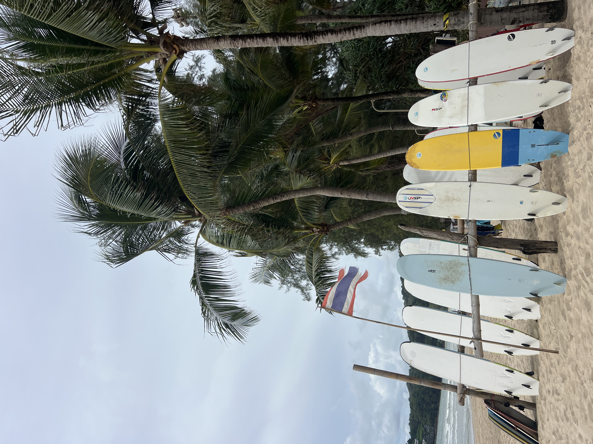 A row of surfboards stands on a sandy beach, leaning against a wooden rack. Palm trees line the background, and the ocean is visible to the left. A Thai flag flies on a pole in front of the surfboards. The sky is overcast.