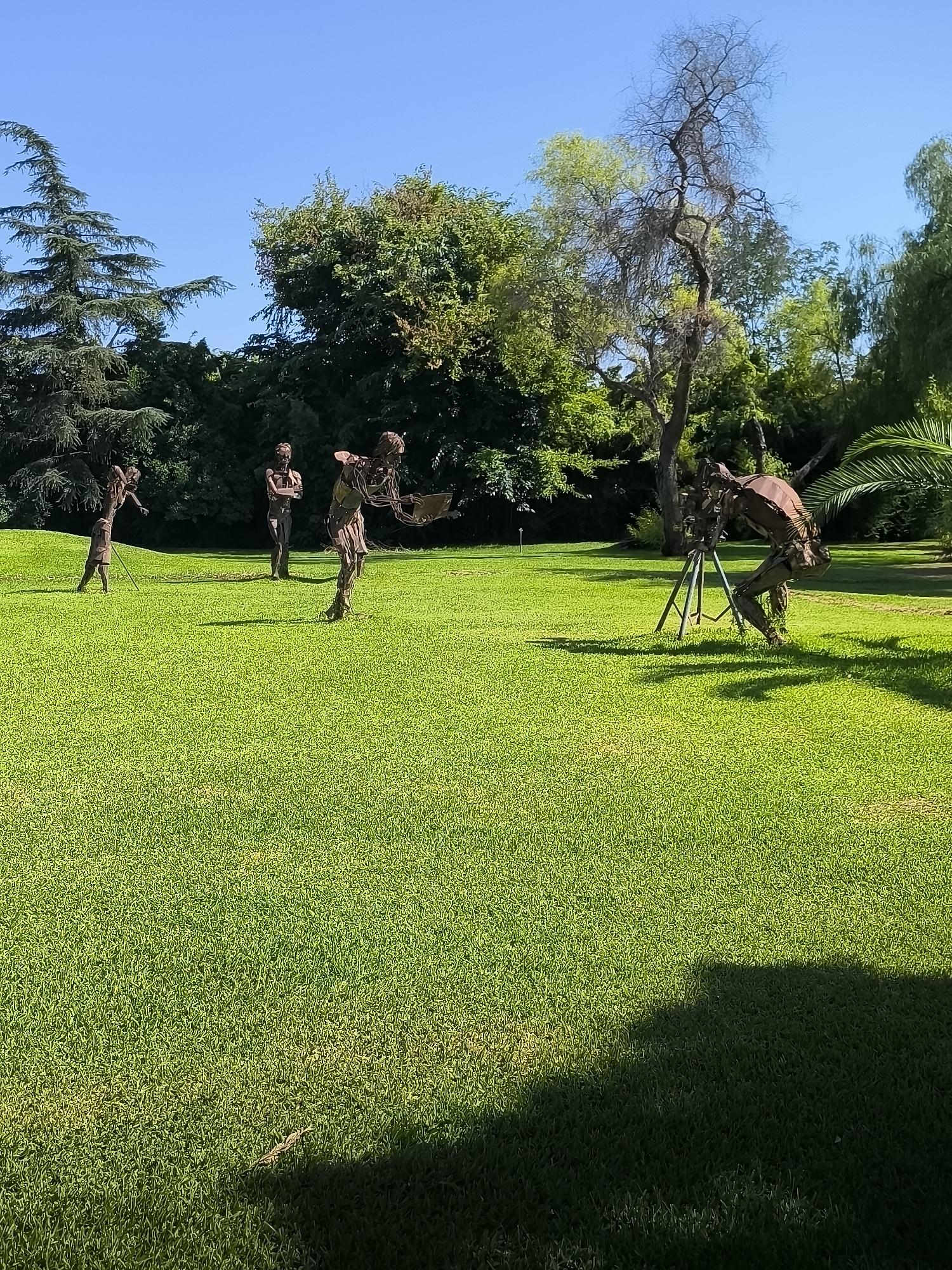 The image depicts a sunny outdoor scene on a well-maintained green lawn, likely in Antalya, Turkey. The sky is a clear, vibrant blue, indicating fair weather. Scattered across the lawn are several abstract sculptures resembling human figures made of metal. One sculpture, positioned on the right, is bent over, appearing to operate a tripod-mounted device, possibly a camera or telescope. To the left, three other figures are visible. One stands upright with its arms crossed, while another, in the foreground, is in motion, holding what looks like a shallow dish or tray. A fourth figure, further left, is angled as if it's engaged in some action with a stick-like object. The sculptures are dark and rustic, contrasting with the lush green of the grass and the surrounding trees. The trees in the background are dense and varied, including evergreens and deciduous trees, some with dried, skeletal branches adding a touch of the dramatic to the otherwise serene setting. A prominent, leafless tree with a twisted trunk stands out amongst the greenery. Shadows cast by the sculptures and unseen objects suggest it is midday. The overall impression is one of an art installation in a park or garden, showcasing stylized human forms in various poses.