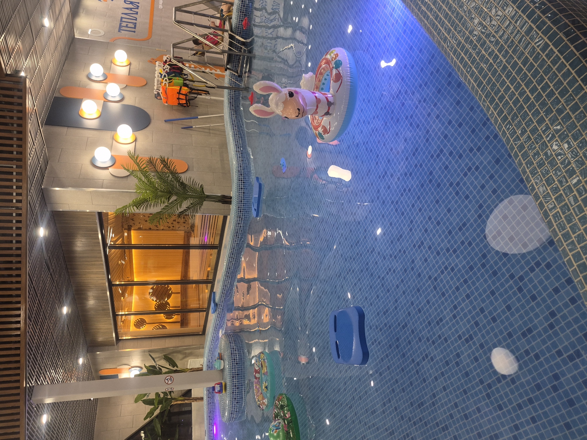 A swimming pool in Votkinsk, Russia, features blue tiles, a rabbit-shaped float, and various floating toys. A window reflects the indoor environment. The pool area includes safety equipment and lighting.
