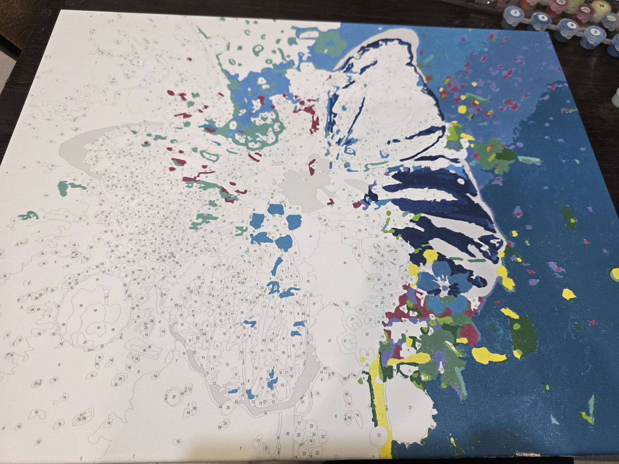 The image shows a paint-by-numbers canvas on a dark surface. The canvas depicts a butterfly. The right half of the canvas is partially painted with blues, greens, yellows, and purples. The left half of the canvas remains unpainted and shows the numbered areas. A set of paint pots is visible in the upper right corner of the image. There is no indication of the city of Chaikovsky or any people in the image.
