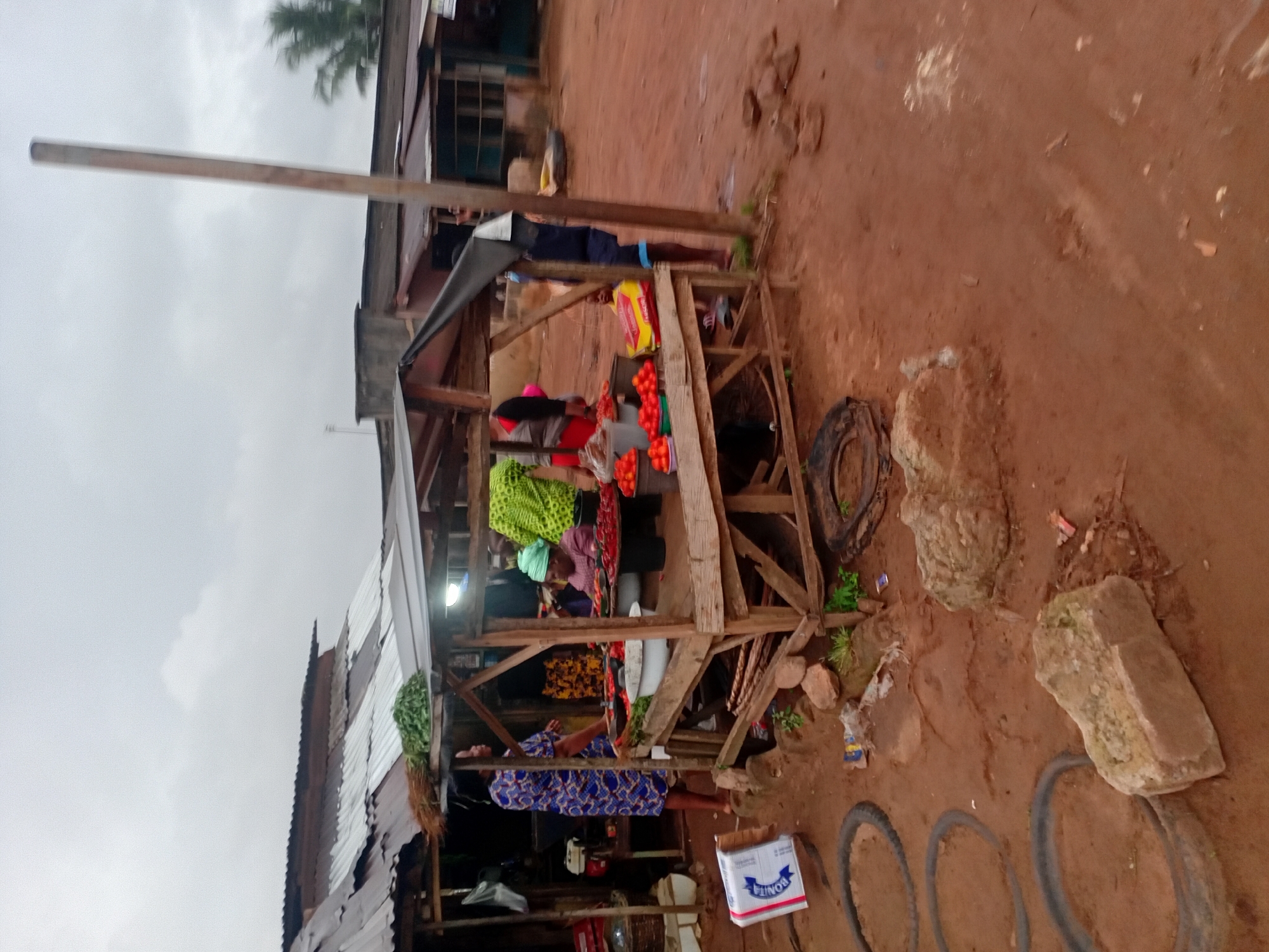 This is a medium shot of an outdoor market stall in an urban environment. A wooden stall with a corrugated metal roof displays produce, primarily tomatoes, in baskets and containers. Several people are present. A woman in a blue and white patterned dress stands to the left, facing the stall. Another woman wearing a green headscarf and a pink top is seated behind the stall, tending to the produce. A third person, partially obscured, stands behind the stall. In the foreground, several tires and large stones are scattered on the reddish-brown dirt ground. A white box with blue lettering is on the ground to the left. The sky is overcast.