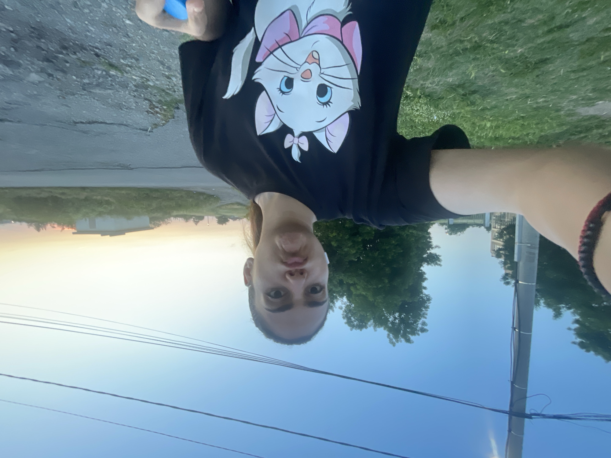 The image captures a selfie of a young woman taken outdoors in the city of Debelt, Bulgaria, during what appears to be late afternoon or early evening, indicated by the soft, directional light and the sky's gradient.
The central subject is a female, likely in her twenties or thirties, positioned slightly off-center to the right. She has dark hair pulled back and is making a pouting or "duck face" expression. She wears a black short-sleeved t-shirt featuring a large graphic print of Marie, the white kitten from Disney's "The Aristocats," complete with a pink bow on her head and a larger pink bow around her neck. White wireless earbuds are visible in both ears. Her left arm is extended towards the camera, suggesting she is holding the device for the selfie. A dark, possibly braided bracelet is on her left wrist. A small portion of a blue object, possibly a bottle or cap, is visible in her right hand at the bottom right.
The background depicts a semi-urban or rural environment. On the left, a tall, grey utility pole with several dark electrical or communication wires runs vertically. The sun, partially visible as a bright flare, is located near the top of this pole. Multiple dark wires stretch horizontally across the upper portion of the clear sky. Green grass with small white flowers covers the ground on the left side, transitioning to a cracked and uneven asphalt surface on the right. Dense green foliage, including trees and bushes, is visible behind the woman on both the left and right. Further back on the far left, a light-colored building is partially discernible behind the trees and utility pole. On the far right, near the horizon, a small, white, rectangular building with a flat roof and a dark opening or window is situated on a slight rise. The sky displays a clear gradient, transitioning from a deep blue at the zenith to a lighter, yellowish-orange hue near the horizon on the right, characteristic of a sunset. A winding, less-maintained dirt or gravel road extends into the distance on the right side of the frame.
