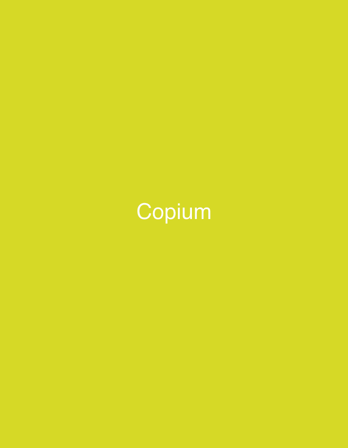 The image is a digital graphic with a solid, bright yellow background. Centered on the background, in white, sans-serif text, is the word "Copium." There are no other objects, people, or environmental elements present in the image. The image does not depict any location in the city of Shumen, Bulgaria, or any recognizable real-world scene.
