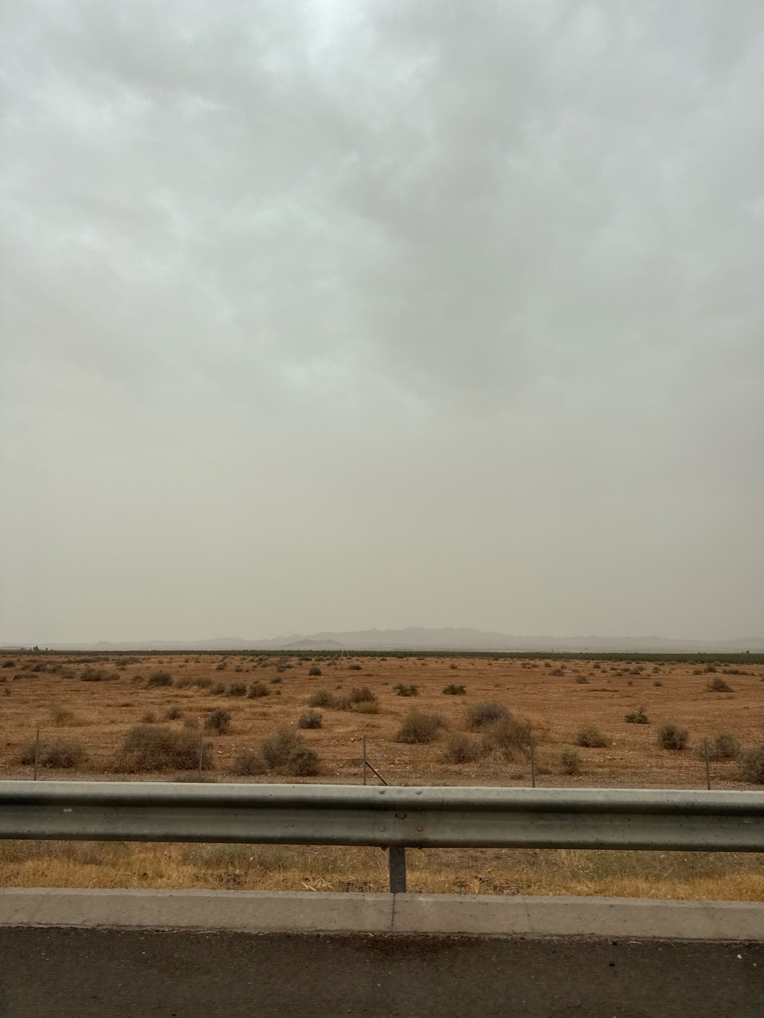 The image depicts a desolate, arid landscape with a vast expanse of dry, brown vegetation under a heavily overcast, pale gray sky. The ground is covered in sparse, shrub-like plants and dry grass. In the distance, a hazy, mountainous horizon is visible, suggesting a remote or desert-like environment. In the foreground, a concrete barrier and a metallic guardrail separate the viewer from the landscape. The scene appears to be taken from a roadside, possibly a highway, looking out over an undeveloped area. There are no people or animals visible in the image. The overall impression is one of a barren, natural environment under a muted, possibly dusty, sky. The location is identified as Loudaya, Morocco.