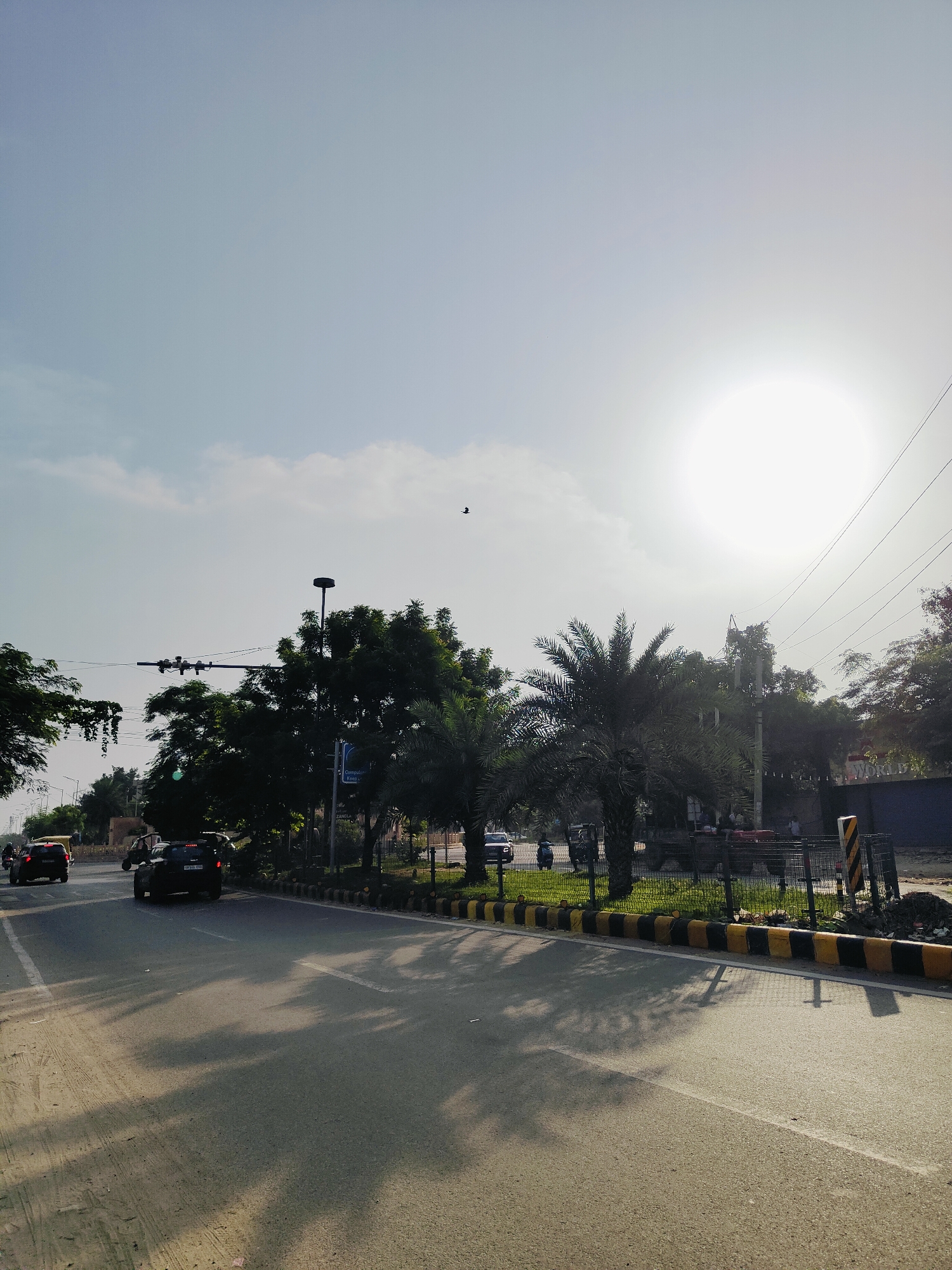 This is a wide-angle, eye-level, outdoor photograph taken during the daytime in Gurgaon, India, likely on a clear day with the sun prominently visible in the upper right portion of the frame. The scene depicts a road with light traffic, bordered by trees and vegetation on the right side.
In the foreground, the asphalt road occupies the lower half of the image, showing tire marks and shadows cast by nearby trees. A white lane marker is visible. On the left side of the road, two cars are driving away from the camera: a black SUV in the left lane and a black car with an orange license plate in the right lane.
The middle ground features a tree-lined median strip with a black and yellow striped barrier along its edge. Several trees are present, including palm trees and denser foliage. A street lamp with multiple lights is visible on the left side of the median. On the far right of the median, a black metal fence encloses an area with some vegetation and discarded debris. A sign with red lettering that appears to say "WORLD" is partially visible behind the fence.
The background consists of the sky, which is a pale blue with a few wispy clouds. The sun is a bright, white orb high in the sky, causing some lens flare. A small dark bird is visible flying in the sky, just below the sun. Electrical wires are strung across the upper right quadrant of the image. The overall impression is a street scene in a relatively urban or suburban area.