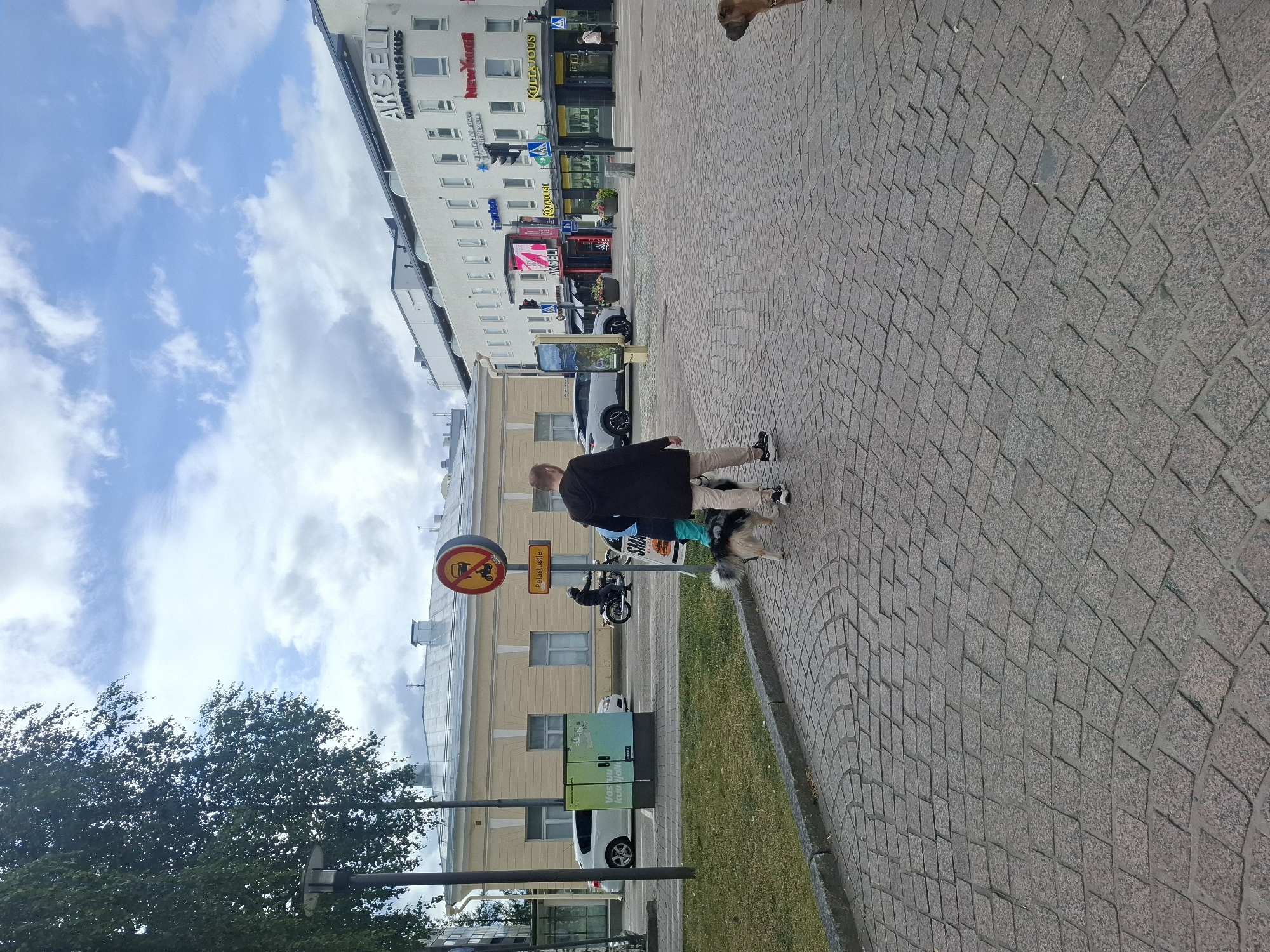 In Mikkeli, Finland, on a paved walkway, a person walks two dogs. The person, wearing a dark jacket and light-colored pants, is facing away from the camera. One dog, a husky mix, is on a leash held by the person. Another brown dog is walking slightly ahead and to the right of the person. In the background, a street with vehicles, including a motorcycle and cars, is visible. Buildings line the street, with one appearing to be a pale yellow, and another a modern white building with shops. The sky above is partly cloudy.