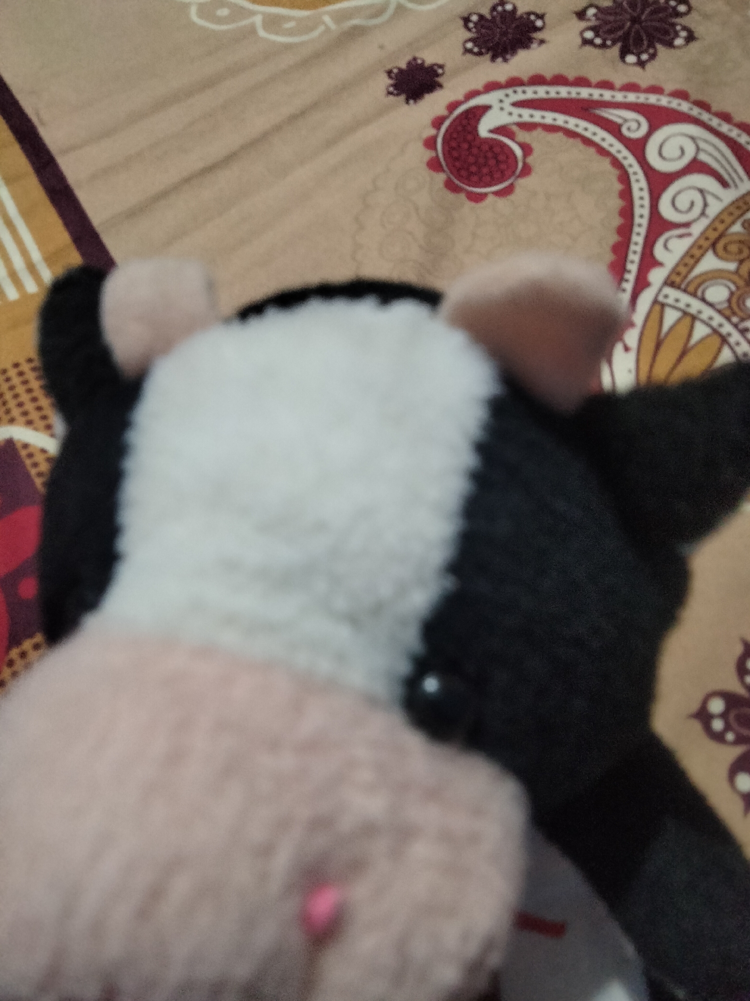 The image shows a close-up, blurred view of a stuffed toy cow. The toy is black and white with pink ears and a pink nose. It is lying on a patterned blanket. The blanket has a tan background with red, white, and yellow paisley designs and floral patterns. The stuffed toy is the primary subject, taking up most of the frame. The environment appears to be a domestic setting, likely a bedroom, as suggested by the presence of a blanket. There is no information in the image to indicate it is located in the city of Payagaboh, Indonesia.