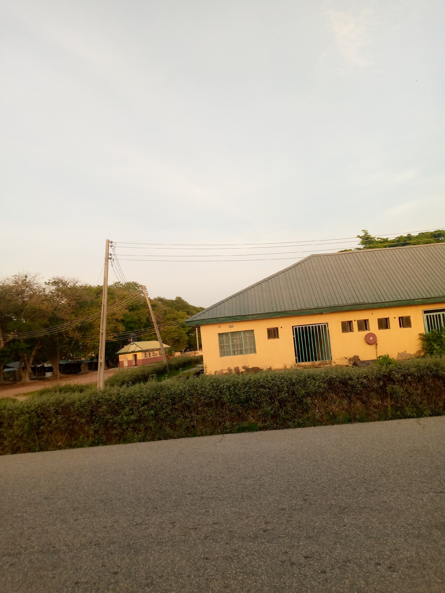 The image depicts a street scene in Jalingo, Nigeria, on a clear day with a pale sky. A light yellow, single-story building with a grey, corrugated metal roof dominates the right side of the frame. This building has several windows, some with green bars, and an external red circular object, possibly a fire alarm or extinguisher. Adjacent to the building, a dense hedge runs along its front, creating a clear demarcation from the asphalt road in the foreground.
To the left of the yellow building, a smaller, older structure with a yellow and red facade and a green roof is visible behind the hedge. A prominent wooden utility pole with multiple power lines stands in the middle ground, leaning slightly. Behind the pole and the smaller building, lush green trees form a dense backdrop. The road in the foreground is grey and appears to be well-maintained. There are no people visible in the image. The overall impression is one of a quiet, semi-urban or suburban environment.