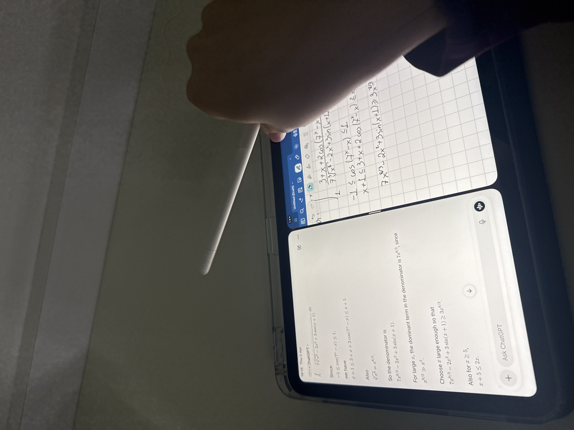 The image shows a person using a stylus on a tablet computer displaying a split screen. The left side of the screen appears to be a digital notebook containing handwritten mathematical equations. The right side of the screen is a chat window with the AI platform ChatGPT, displaying a conversation about the analysis of an integral. The handwriting in the digital notebook is related to the ChatGPT conversation. The environment is indoors, and the tablet is resting on a light-colored surface. There is no indication of the location being in Yerevan, Armenia.