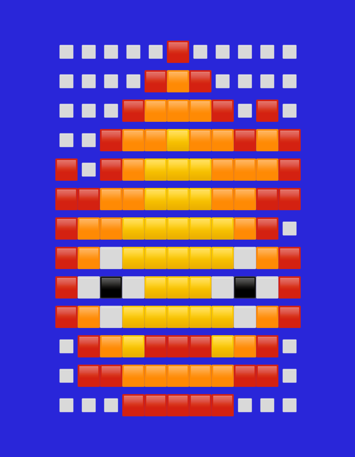 The image presents a digital artwork, a pixelated rendition of a tiger's face, created entirely from small, glossy, square blocks against a solid blue background. The tiger's head is depicted using a vibrant color palette, predominantly featuring red, orange, and yellow blocks to illustrate its fur and stripes.
Two distinct black square blocks represent the tiger's eyes, set within a yellow and orange facial structure. White or light gray blocks outline features like the muzzle and form a border around the entire composition, emphasizing the grid-like nature of the pixel art. The top of the head is composed of red and orange blocks, with the colors gradually shifting to yellow towards the central part of the face.
The aesthetic strongly evokes classic video game graphics or bead art, with each block appearing slightly three-dimensional and raised. The image is static, depicting no activity or event. There is no visible text, and the abstract nature of the artwork provides no cues regarding time of day, weather, specific location within Dunavtsi, Bulgaria, or discernible emotions.