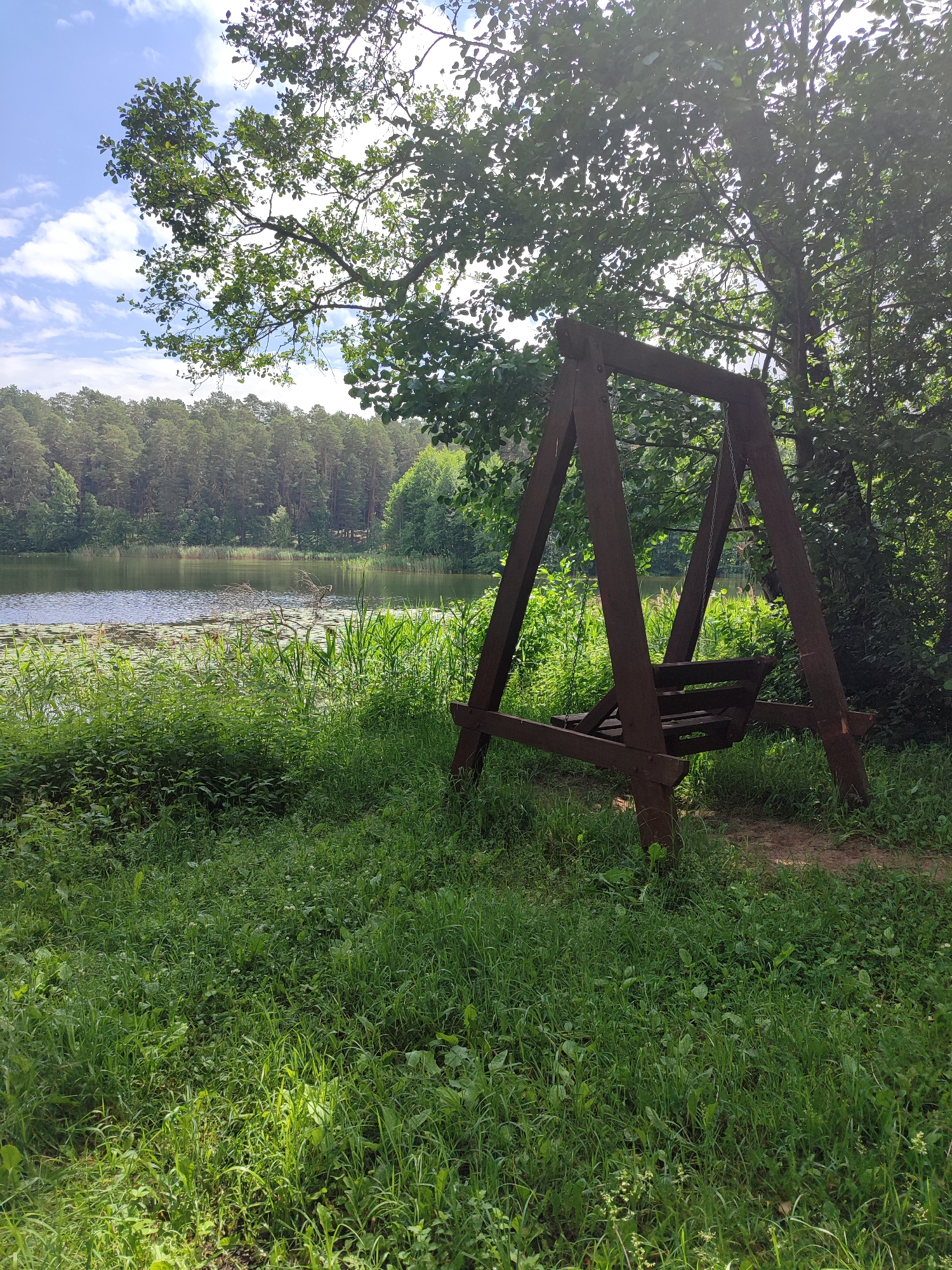 A wooden swing set is positioned on a grassy area next to a lake. The swing set is made of dark wood and has a triangular frame. The seat of the swing appears to be a wooden bench. Behind the swing, a body of water is visible, with a dense forest bordering the opposite shore. The lake is surrounded by lush green vegetation, including tall reeds and lily pads. The sky is partly cloudy with a bright sun. The image depicts a serene natural landscape.