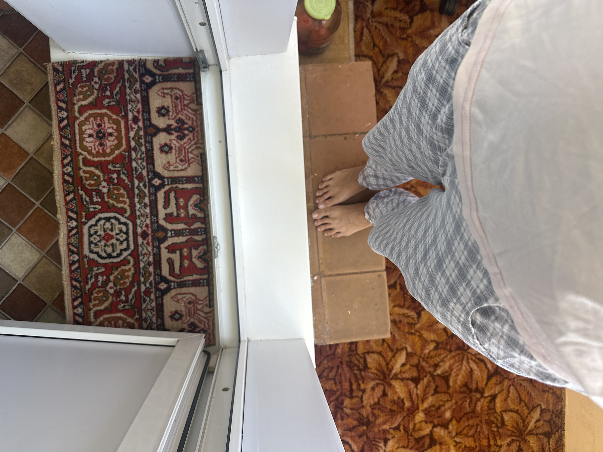 A first-person perspective shot shows a person standing in what appears to be a doorway. The floor is covered with two different rugs. The rug closer to the viewer has a large floral pattern in shades of orange and brown. Beyond that, there is a smaller rug with a traditional geometric design in red, black, and beige. The doorway itself is framed by white trim. The person is wearing plaid pajama bottoms. Their bare feet are visible on a small section of terracotta-colored tile that bridges the gap between the rugs and the doorway. To the right of the frame, a large glass jar with a green lid, possibly containing tomatoes, rests on the floor. The scene is indoors, likely in a residential setting. The context of Rasskazovo, Russia, is not visually evident in the image itself.