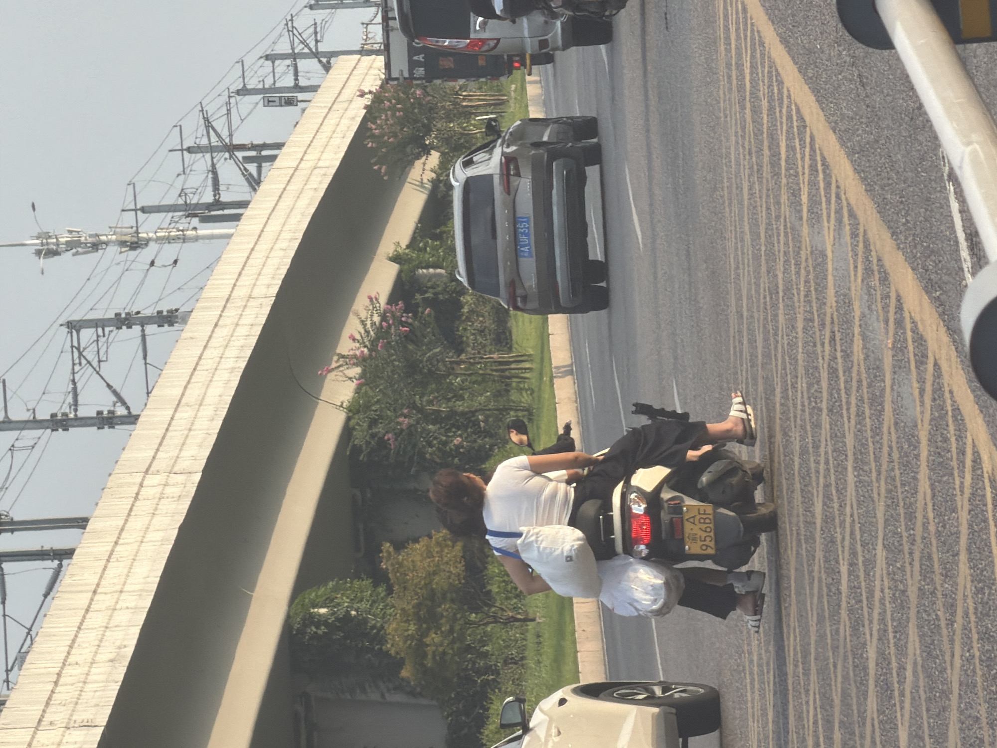 In the city of Jiangjin, China, a rear view of two individuals riding a scooter on a multi-lane road is captured. The scooter, a white and tan model, is in the foreground with its license plate visible, reading "渝A 956BF". The rear passenger, wearing a white t-shirt and black pants, is seen from behind, with a white bag slung over their shoulder and another white bag secured to the back of the scooter. The driver, also in black pants, has their legs extending to the right. To the left of the scooter, the rear of a white car is partially visible. In the mid-ground, a silver SUV is driving in the same direction, displaying a license plate that reads "A UF351". Further back, a truck with Chinese characters on its side is also present. The scene is framed by a concrete overpass overhead, with numerous electrical wires and communication towers attached to poles running parallel to it. Lush green trees and bushes line the sides of the road, with some flowering trees adding splashes of pink. The road surface is asphalt, marked with yellow and white lines. The sky is overcast with a pale, hazy light.