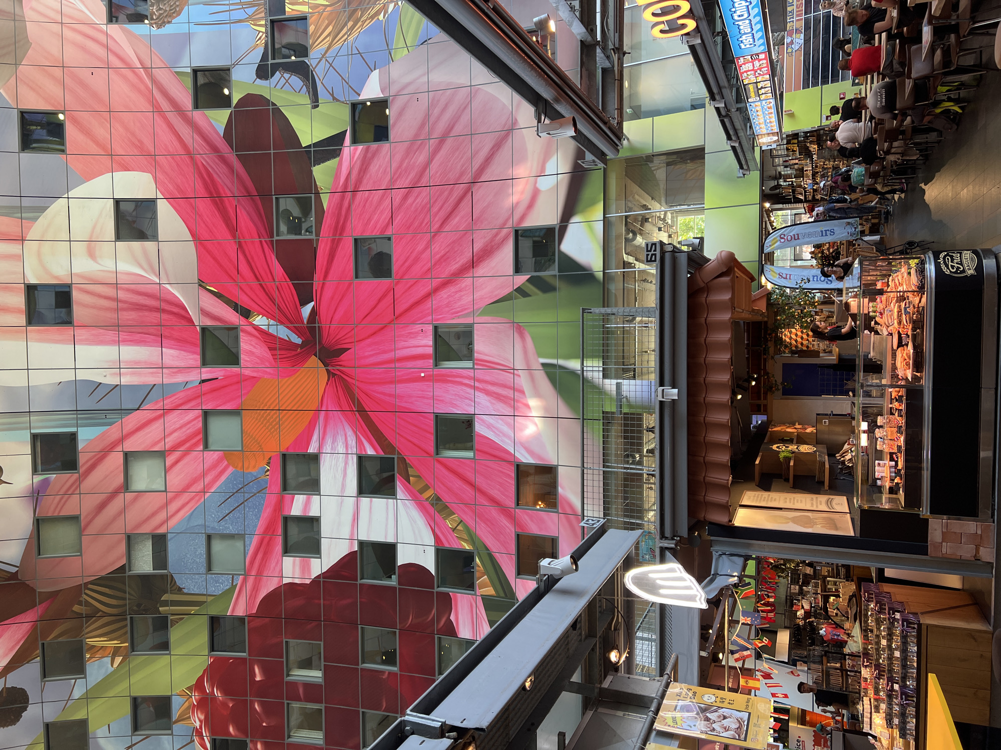 This is an interior shot of the Markthal in Rotterdam, Netherlands, a vibrant indoor market hall. The dominant feature is the massive artwork covering the ceiling and walls, depicting a colorful, magnified image of a pink flower with streaks of orange and red. The artwork is interspersed with numerous square windows, reflecting the activity within the market.
The market hall is bustling with shoppers and vendors. In the foreground, on the right side, there's a display of cured meats and food products, likely from a butcher stall. Further back, various market stalls are visible, including a "Fish and Chips" stand and other food vendors. People are seen browsing, queuing, and working behind their stalls. Flags of different nations are displayed, adding to the international atmosphere.
The scene appears to be during daylight hours, with natural light filtering in from above and the illuminated market stalls. The overall impression is one of a lively and dynamic public space, a popular destination for both locals and tourists. The text visible includes signage for "Souvenirs," "Fish and Chips," and "Fred's Baguette," providing clear indications of the types of businesses operating within the market. The presence of people and the variety of goods suggest a busy market day.