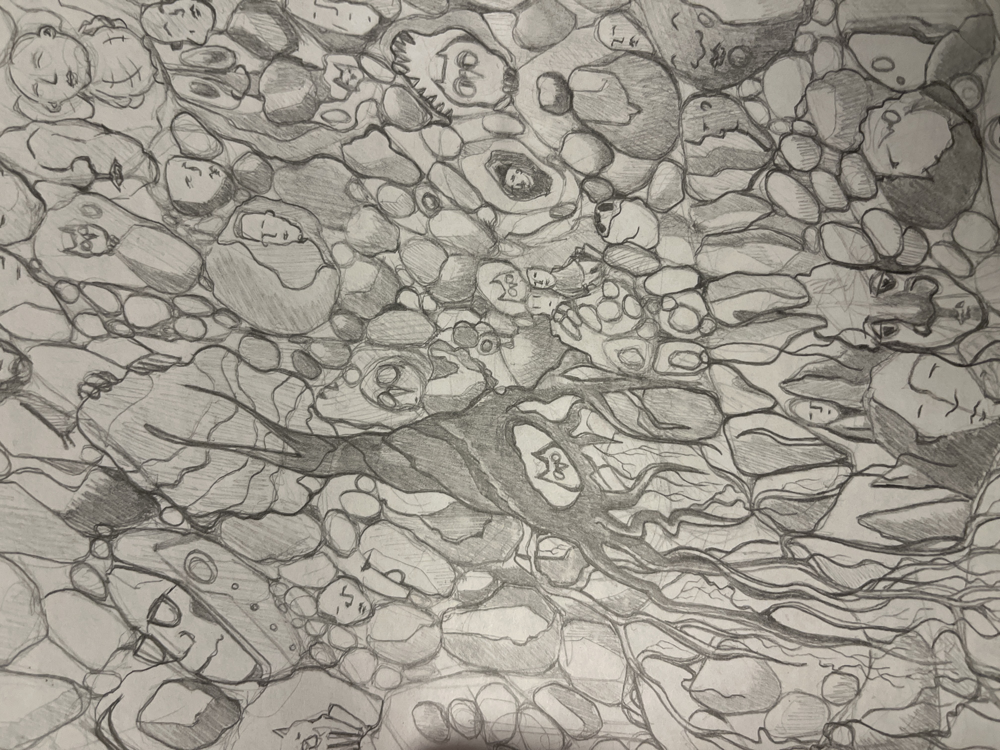 The image depicts a pencil drawing of numerous faces surrounded by amorphous shapes and lines. The faces vary in expression, some appearing to be sleeping or resting, while others have open eyes and mouths. The shapes surrounding the faces are rounded, resembling stones or cells. The lines are thin and winding, creating a tangled or network-like effect. There is no discernible location indicated within the image, making it impossible to specify its city or surroundings.