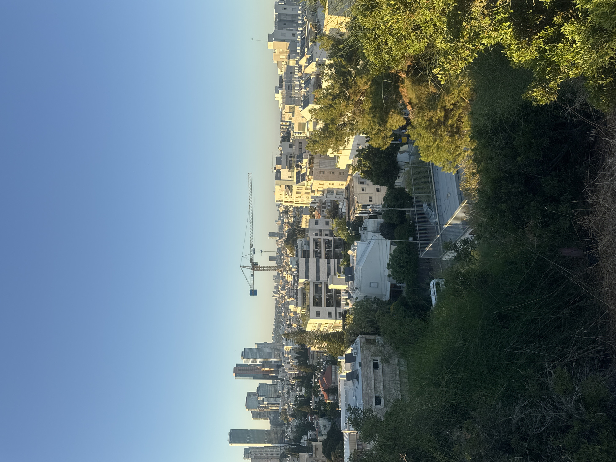 A panoramic, eye-level, outdoor, full shot captures the cityscape of Ramat Gan, Israel, under a clear, bright blue sky during daylight hours. The image is dominated by a dense urban environment with a mix of modern high-rise buildings and lower-rise residential structures. In the distance, a cluster of tall, sleek skyscrapers stands prominently, their glass facades reflecting the sunlight. Closer to the foreground, a construction crane with a yellow arm is visible, suggesting ongoing development in the city. Numerous apartment buildings, characterized by white and beige exteriors and flat roofs, fill the middle ground. Lush green trees and dense foliage in the foreground and mid-ground offer a stark contrast to the urban architecture, indicating a blend of city life and natural elements. The light suggests it might be late afternoon, given the warm glow on the buildings and trees. No people are visible in the frame.