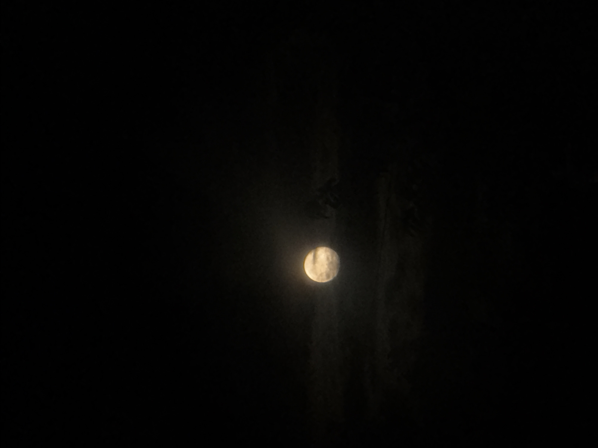 A full moon is visible in a dark sky, partially obscured by clouds. The moon is luminous and appears to be golden in color. The clouds are wispy and gray, creating a textured effect around the moon. The background is entirely black, suggesting it is nighttime. The overall impression is one of a dramatic and atmospheric celestial display. There are no people, buildings, or specific landmarks identifiable in the image to suggest a location in Pavel Banya, Bulgaria.