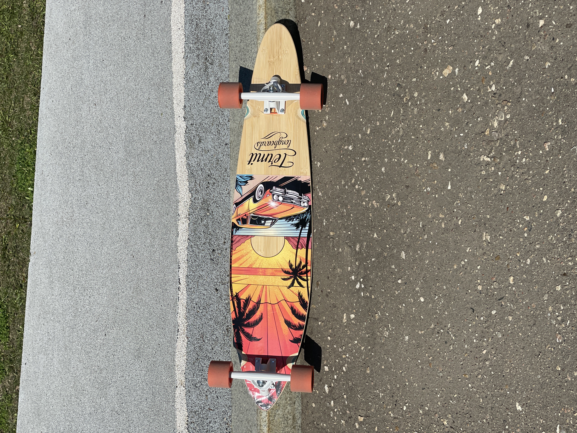 A longboard rests on asphalt next to a concrete curb. The longboard has a light wood finish with graphics depicting a sunset and palm trees. "Termit Longboards" is written in cursive on the board. The wheels are orange. The curb is next to a patch of grass. The asphalt is gray and textured. The location is not discernible as being in Moscow, Russia.
