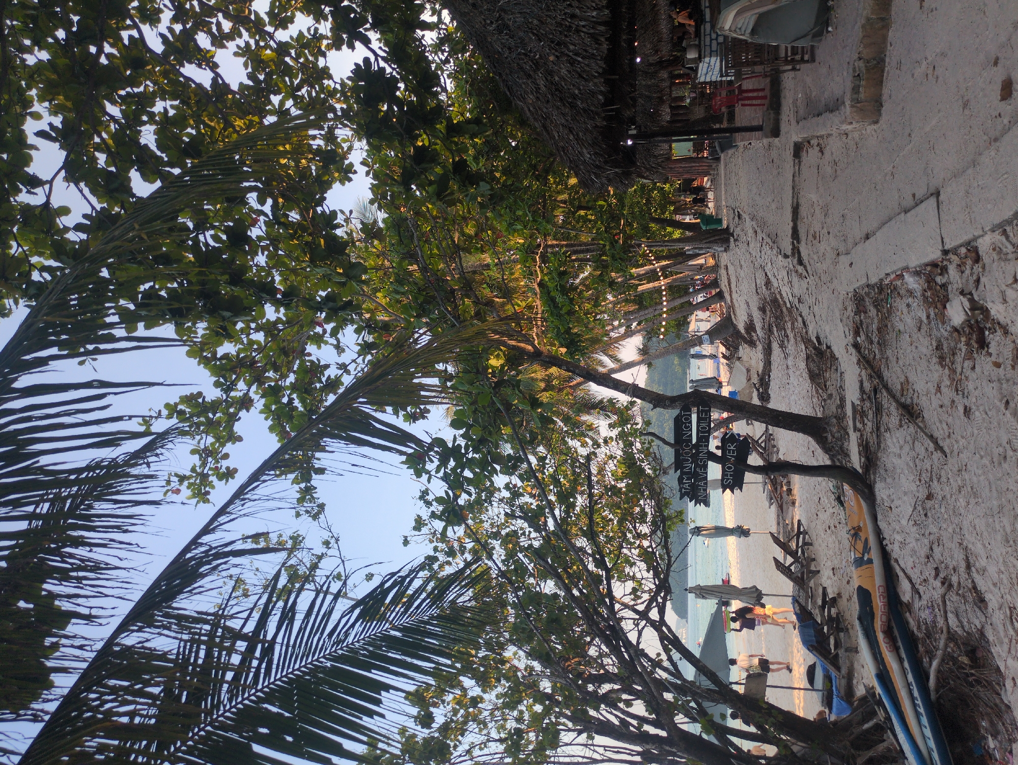 The scene captures a tranquil beach setting, likely in Phú Quốc, Vietnam. A sandy pathway runs parallel to the shoreline, bordered by lush tropical vegetation. Palm trees and other trees with broad leaves provide shade, with glimpses of the clear blue sky visible through the foliage. A sign indicates directions to "Shower" and "Tâm nước ngọt - Nhà vệ sinh-Toilet," suggesting the presence of tourist facilities. People can be seen relaxing on the beach, with some walking near the shore. Several paddleboards are leaning against a tree trunk. A structure with a thatched roof is visible along the pathway, possibly a restaurant or a beach hut. The overall atmosphere is relaxed and inviting.