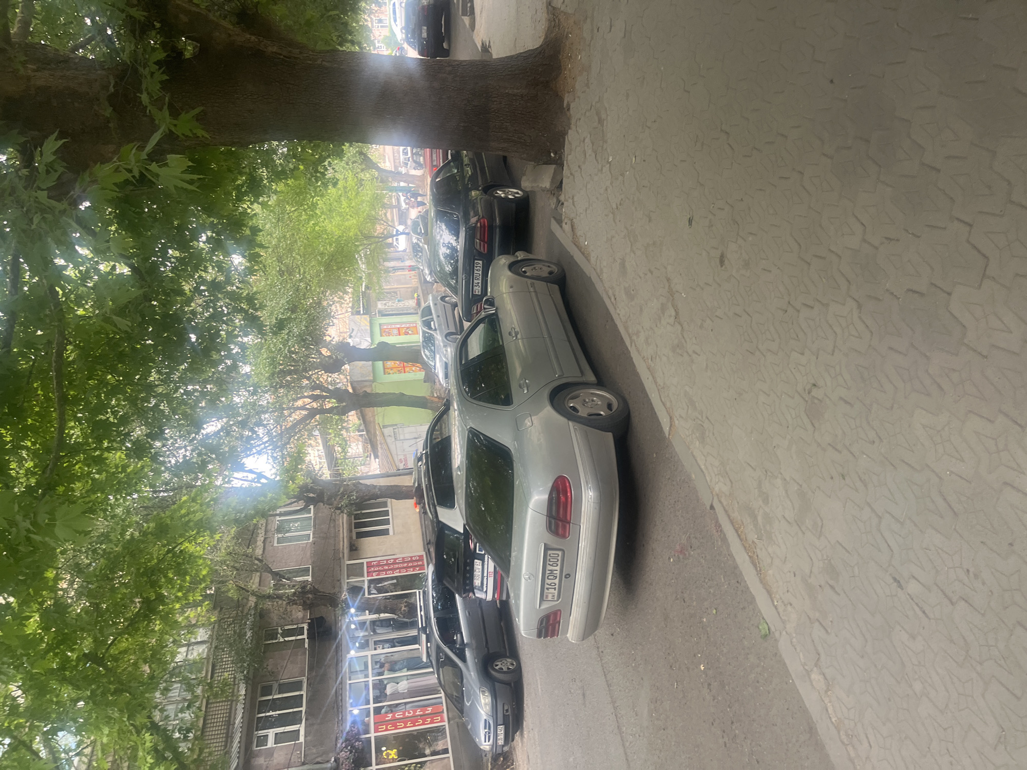 The image captures a sunlit street scene in Yeghegnadzor, Armenia, characterized by parked cars, dense foliage, and multi-story buildings. A row of vehicles lines the street, with a silver Mercedes-Benz E-Class station wagon (license plate "16 QM 600") prominent in the foreground. Behind it, a black sedan (license plate "34 RU 619") and other cars are visible further down the road.
To the left, large, mature trees with vibrant green leaves form a dense canopy, casting shadows and dappled light onto the street. Their thick trunks are visible along the roadside. On the right, a distinctive sidewalk paved with grey concrete or tiles features a repeating geometric pattern. Behind the cars and trees, multi-story buildings with numerous windows line the street. Several shopfronts are visible on the lower levels of these buildings, displaying text in Armenian script on their signs, with partial readings suggesting words like "ՍՆՈՒՆԴ" (food) and "ԽԱՆՈՒԹ" (shop).
The scene is devoid of people, giving it a tranquil atmosphere on what appears to be a clear, sunny day. The overall impression is that of a typical urban or semi-urban street in Armenia.