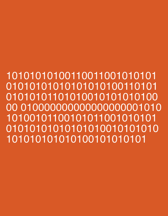 The image displays several lines of white binary code against an orange background. The binary sequences are not in a city environment.