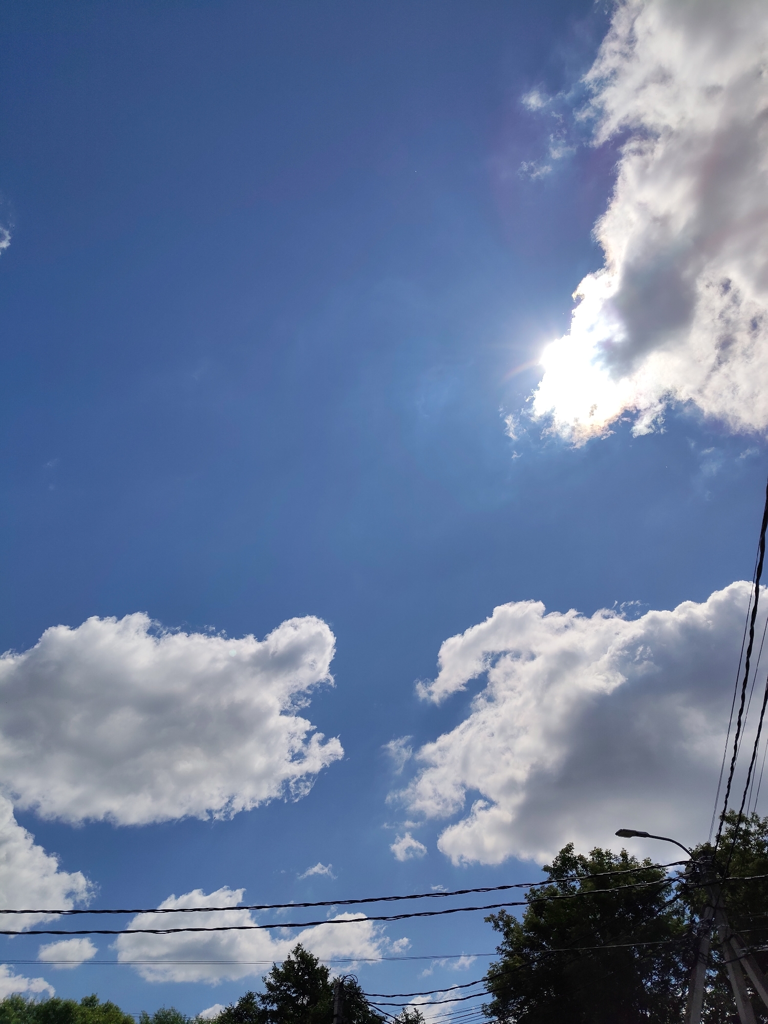 A bright, clear blue sky dominates the upper portion of the image. Sunlight shines through the upper right quadrant, partially obscured by several large, fluffy white clouds. The lower portion of the image features a dense line of dark green trees silhouetted against the sky. Several black electrical wires are strung horizontally across the frame, intersecting the trees and clouds. On the far right, a street lamp on a pole is visible among the trees. The image appears to be taken from a ground-level perspective, looking upwards.