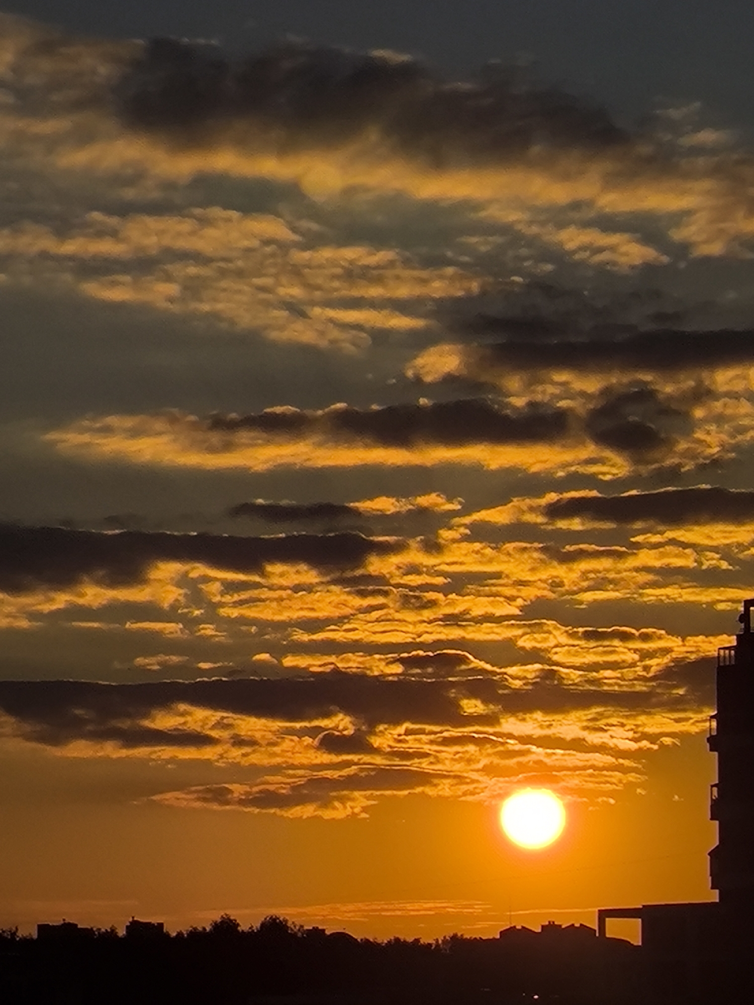 This image captures a vibrant sunset in Khimki, Russia. The sky is dominated by dramatic clouds, illuminated by the setting sun with hues of orange and yellow. The sun itself is a bright, circular orb positioned in the lower right quadrant of the frame, casting a warm glow across the scene.
Silhouetted against the colorful sky are the rooftops of buildings and trees, creating a dark outline of the urban landscape. A tall, modern building with balconies is visible on the far right, its structure sharply defined against the luminous sky. The overall impression is one of a serene and beautiful end to the day. The time of day is clearly sunset, and the weather appears clear with dramatic cloud formations. There is no visible text in the image.