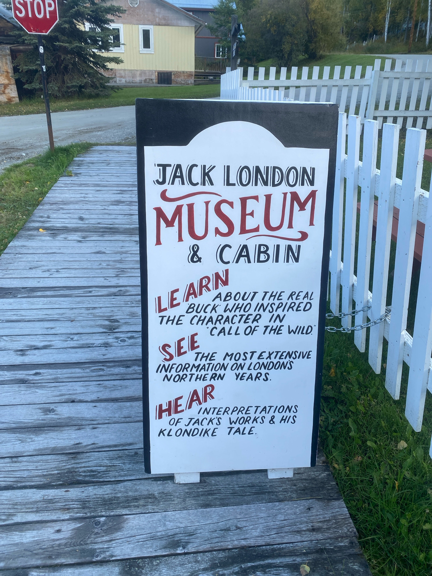 The image shows a wooden boardwalk leading to a sign for the "Jack London Museum & Cabin" in Dawson City, Canada. The sign is white with black and red lettering. The top of the sign reads "JACK LONDON MUSEUM & CABIN" in large, stylized letters. Below this, the sign is divided into three sections, each starting with a bolded word followed by descriptive text:
* **LEARN**: "ABOUT THE REAL BUCK WHO INSPIRED THE CHARACTER IN 'CALL OF THE WILD'."
* **SEE**: "THE MOST EXTENSIVE INFORMATION ON LONDON'S NORTHERN YEARS."
* **HEAR**: "INTERPRETATIONS OF JACK'S WORKS & HIS KLONDIKE TALE."
To the left of the boardwalk, there is a stop sign and a building with yellow siding. To the right of the sign, a white picket fence with a chain running through it separates the walkway from a grassy area. The overall scene suggests an outdoor tourist attraction.