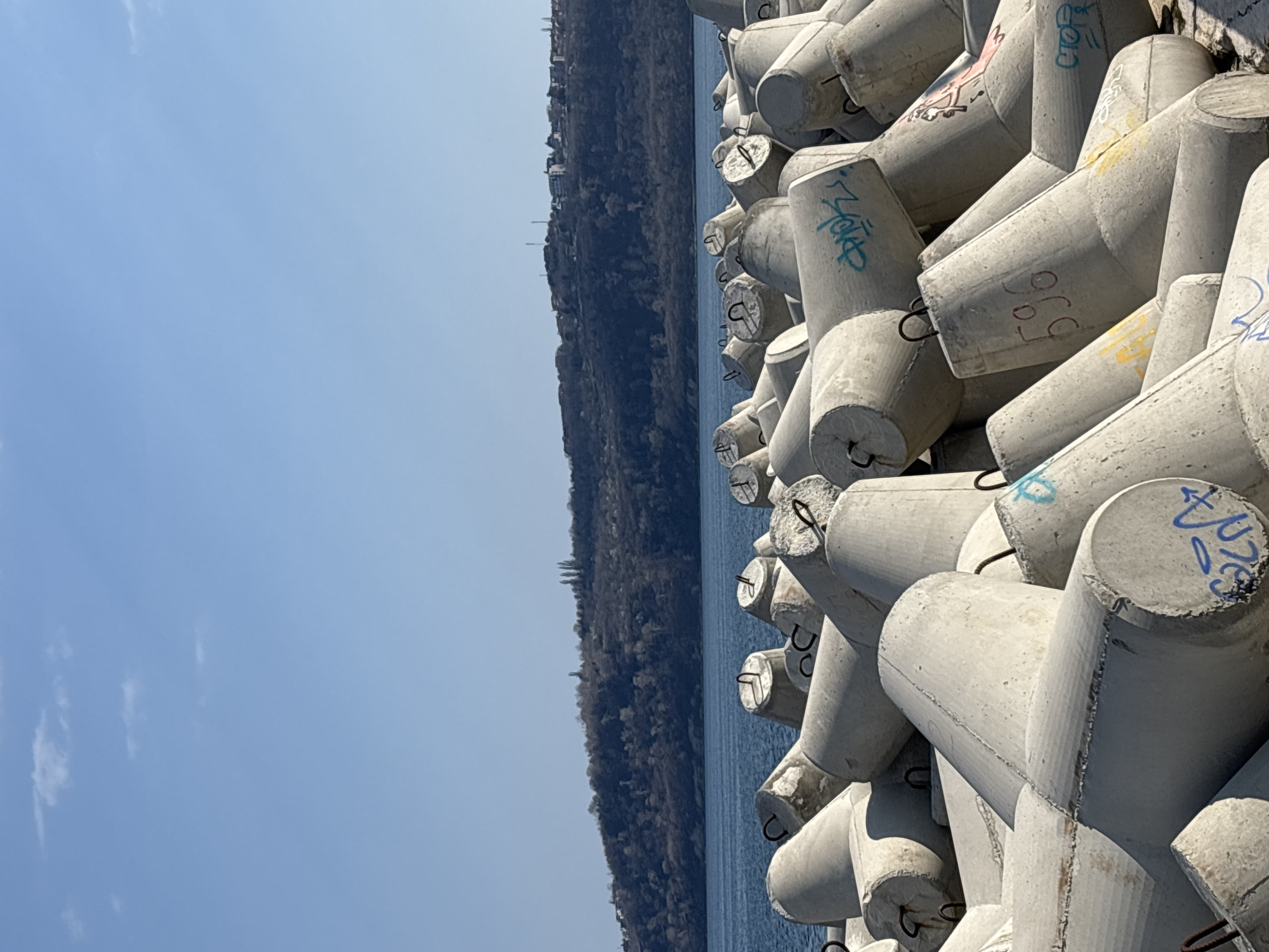 The image shows a close-up view of a breakwater made of concrete tetrapods in Varna, Bulgaria. The tetrapods are stacked and marked with graffiti and numbers. Behind the breakwater is a body of water, followed by a tree-covered bank. The sky is blue with a few clouds.