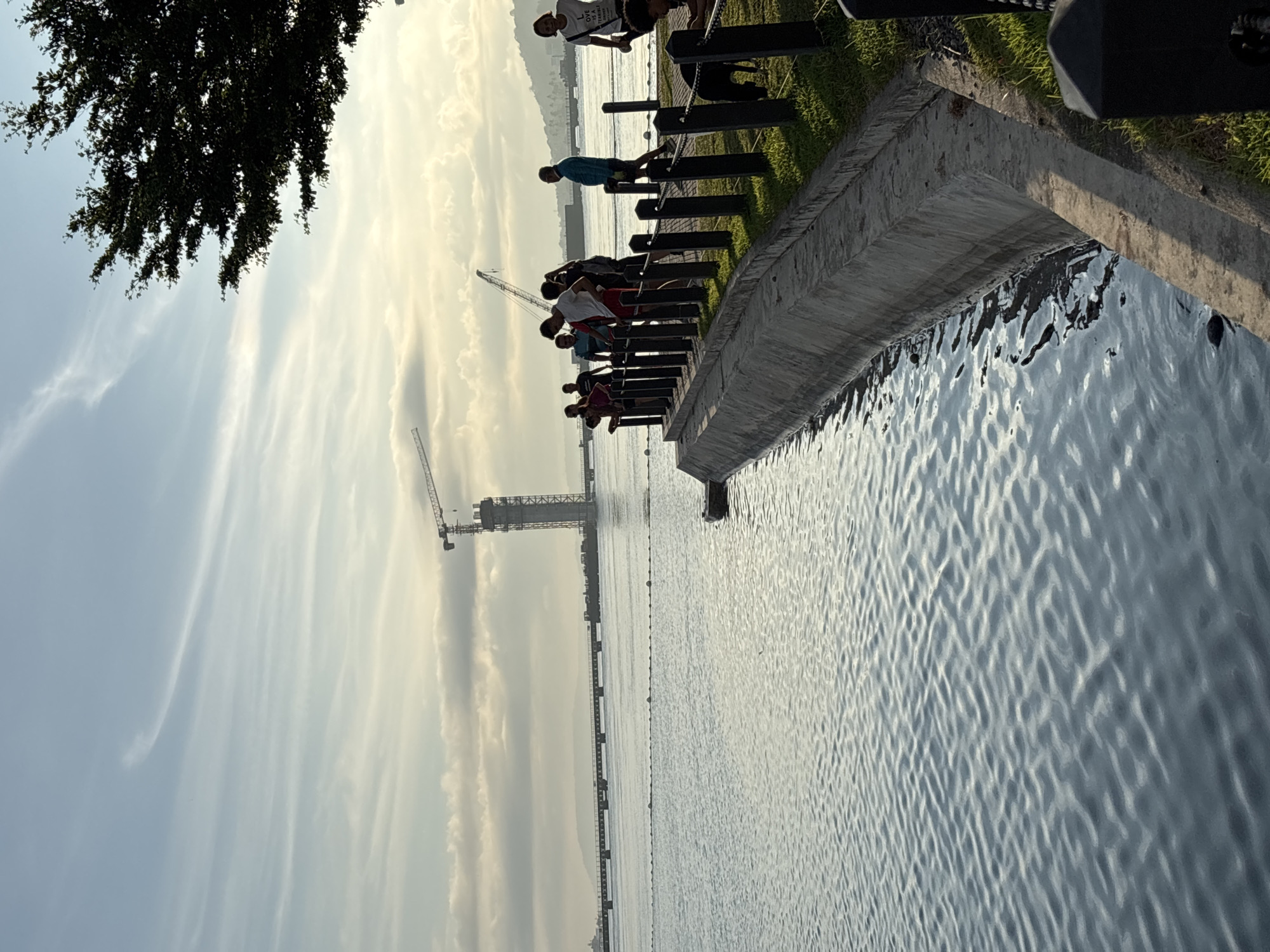 In Davao City, Philippines, at dawn, a group of people stand along a concrete embankment bordering a calm body of water. A black metal fence with posts separates them from the grassy area behind. The people, a mix of adults and possibly teenagers, are looking out towards a large-scale construction project. A tall, slender tower under construction is visible in the distance, dwarfed by a massive construction crane. A long bridge extends across the water, connecting to the construction site. The sky is partly cloudy, with wispy clouds scattered across a pale blue canvas. The sun is low on the horizon, casting a warm glow and creating reflections on the water's surface. A large tree with dark green foliage is silhouetted against the sky in the upper right corner of the frame. A black dog is also present, standing near the fence.