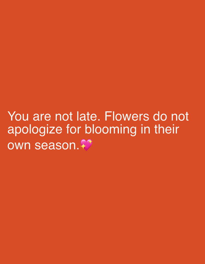 The image is a square with a solid orange background. Near the bottom, centered horizontally, is text in a light-colored font. The text reads, "You are not late. Flowers do not apologize for blooming in their own season." A pink heart emoji with sparkles appears to the right of the text. There are no people, subjects, objects, actions, interactions, or visible elements of an environment or location, specifically Sabon Tasha, Nigeria, depicted in the image. The image is primarily text-based with an orange background.