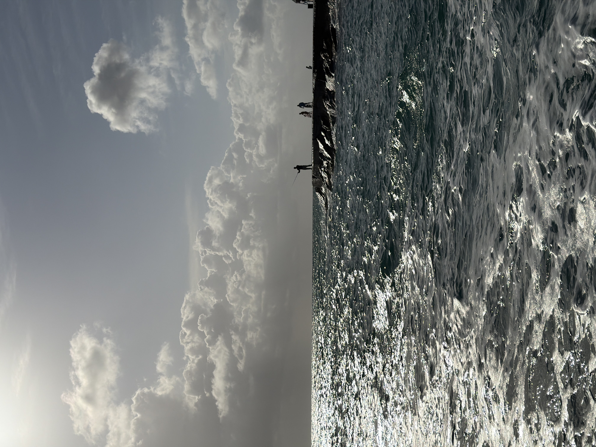 The image presents a scene divided into two distinct halves. The left half depicts a cloudy sky with various cloud formations, ranging from small, scattered clouds to a large bank of cumulonimbus clouds. Light appears to be emanating from the lower left, suggesting the sun's position. The right half displays the surface of water, possibly an ocean or sea, with sunlight reflecting off the waves. The water appears choppy, with visible currents and patterns.
A line of land separates the sky and water. Silhouetted figures are seen standing on this land. One of the figures appears to be holding a fishing rod, indicating they are engaged in fishing. Other figures are also visible further along the line of land, suggesting a small group of people.
Given the context of Bal Harbour Village, United States of America, the location is likely a pier or sea wall. People are fishing and observing the ocean and sky.
