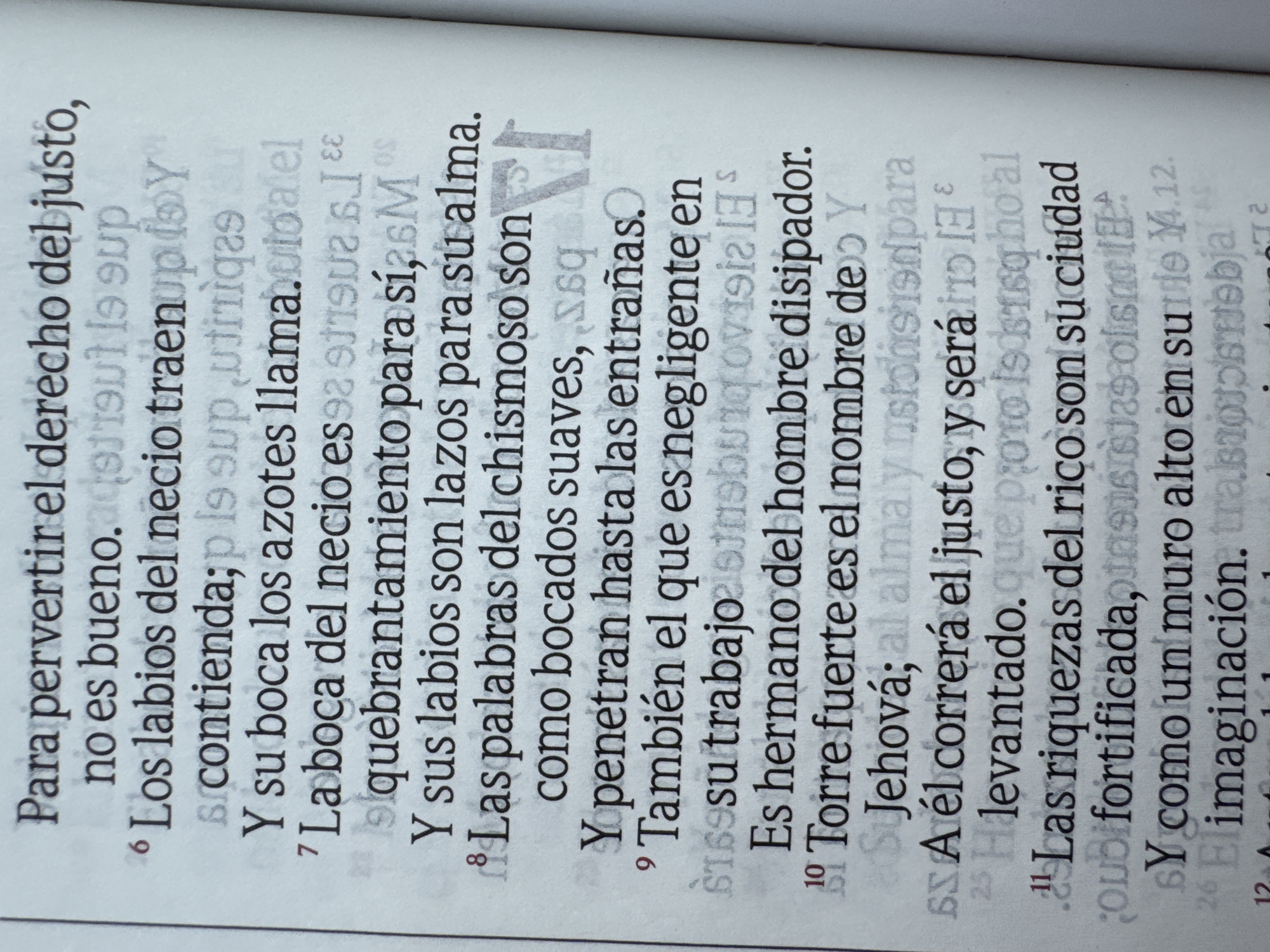 The image shows a page from a book written in Spanish. The text appears to be religious or philosophical in nature, discussing topics like justice, foolishness, and the power of words. Specific phrases include "Para pervertir el derecho del justo, no es bueno" (To pervert the right of the just, it is not good), "Los labios del necio traen contienda" (The lips of the fool bring strife), and "Torre fuerte es el nombre de Jehová" (The name of Jehovah is a strong tower). The numbers 6, 7, 8, 9, 10 and 11 are marking different paragraphs. The image is a close-up shot with the text filling the frame.