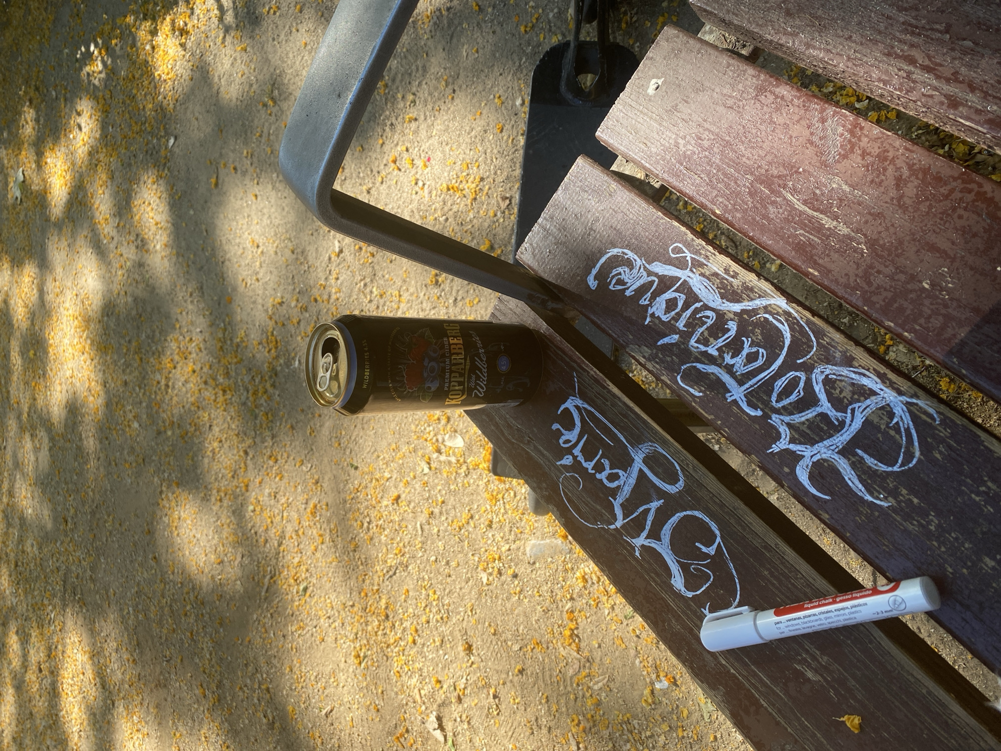 This media file is a close-up, high-angle shot of a park bench in Barcelona, Spain. The bench is made of dark brown wooden slats. On the bench, a can of Kopparberg Premium Cider with Wildberries is lying on its side. Next to the can is a white liquid chalk marker, which appears to have been used to graffiti some text on the bench. The graffiti, written in white, is stylized and appears to say "Marie" and another word that is partially obscured. The ground around the bench is covered in sand and small yellow and orange fallen leaves or flower petals, suggesting an outdoor setting in autumn. The sunlight casts dappled shadows on the ground and bench, indicating it is daytime, likely mid-morning or afternoon. The overall scene evokes a casual, perhaps slightly neglected, outdoor public space. There is no visible human presence in the image.