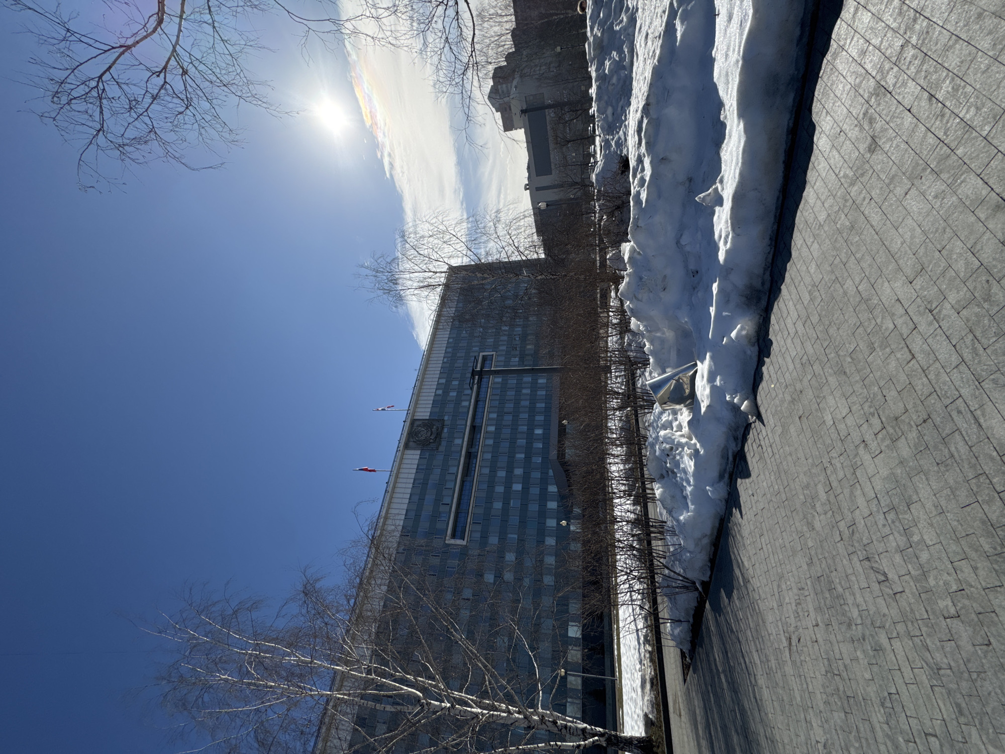 The image displays the Perm Krai Legislative Assembly and Government building located at Lenin Street, 51, Perm, Russia. The multi-story structure dominates the background, featuring a predominantly glass facade reflecting a bright blue sky. Its upper section is white, surmounted by two flagpoles, each flying a flag, one clearly identifiable as the Russian national flag. Centrally positioned on the upper facade is a large, dark emblem, consistent with the Coat of Arms of Perm Krai.
In the immediate foreground, a grey paved surface, composed of rectangular interlocking pavers, extends across the lower portion of the frame. Adjacent to this paving are numerous irregular piles of melting snow, some appearing dirty, interspersed with patches of visible dark earth. A line of low, dormant bushes separates the paved area from the snow. Several bare deciduous trees are present, including a prominent birch tree with white bark on the left side, and other trees with visible branches on the right. The sky is largely clear and bright blue, with some wispy white and iridescent clouds near the sun, which is visible in the upper right quadrant, producing a strong lens flare. Long shadows are cast across the paved surface, indicative of a sunny late winter or early spring day. No people or discernible activities are observed.