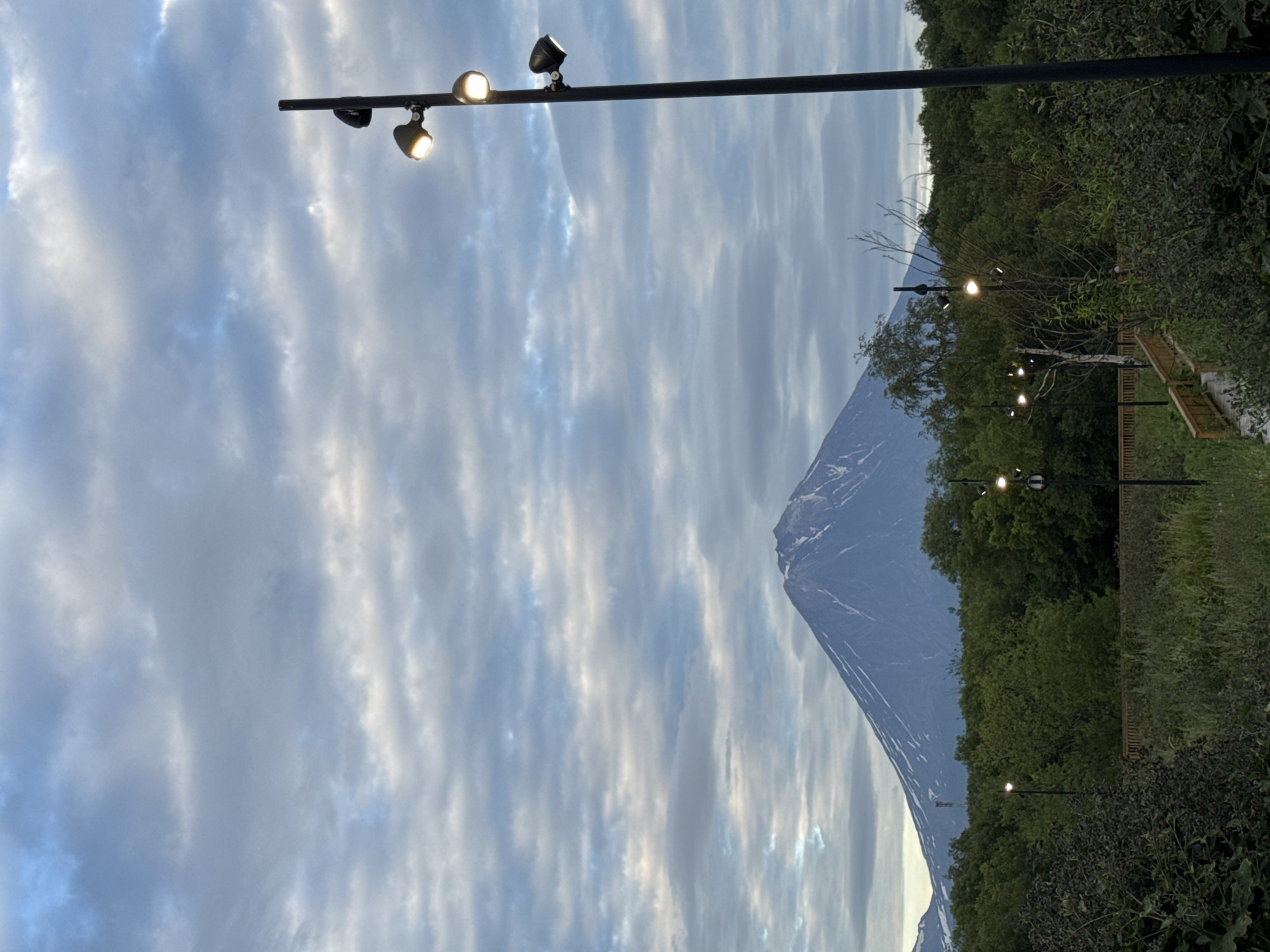 The image shows a scenic view of a snow-capped mountain in the distance, likely the active volcano Koryaksky or Avachinsky, near Yelizovo, Russia. The mountain is framed by a dense forest of green trees. In the foreground, a wooden boardwalk or pathway winds through lush vegetation. Several modern lampposts with multiple lights are visible, illuminating the path and its surroundings. The sky is overcast with soft, gray clouds, suggesting either early morning or late evening light. The overall atmosphere is serene and natural.