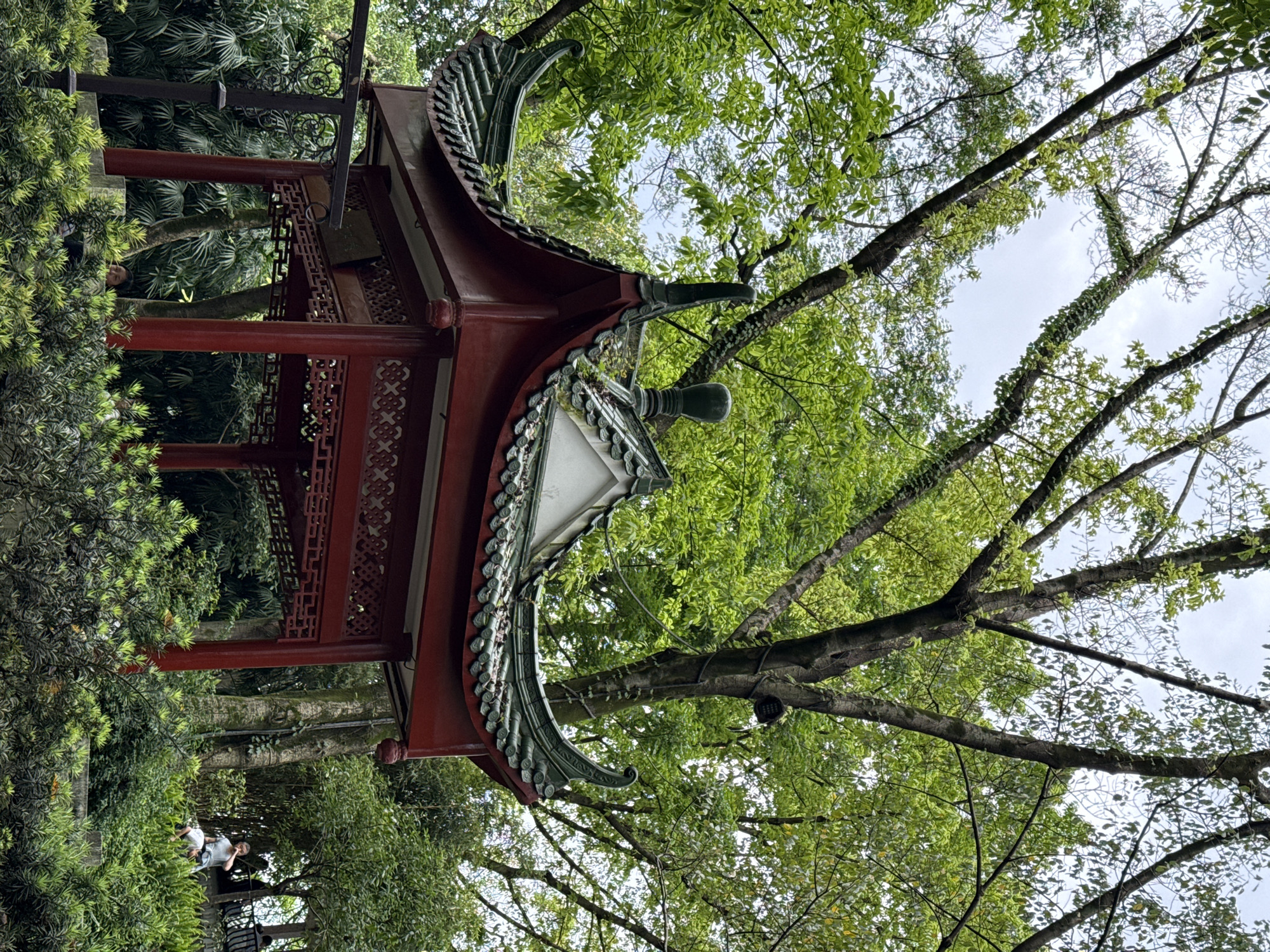 The image shows a traditional Chinese pavilion with a multi-tiered roof, constructed of red-painted wood and adorned with intricate green and white tiled details. The pavilion is surrounded by lush green trees and foliage, partially obscuring its structure. The branches of a tree extend across the frame. There are two people at the bottom left. The location is most likely in the Yuzhong District of China, suggested by the architectural style of the pavilion.