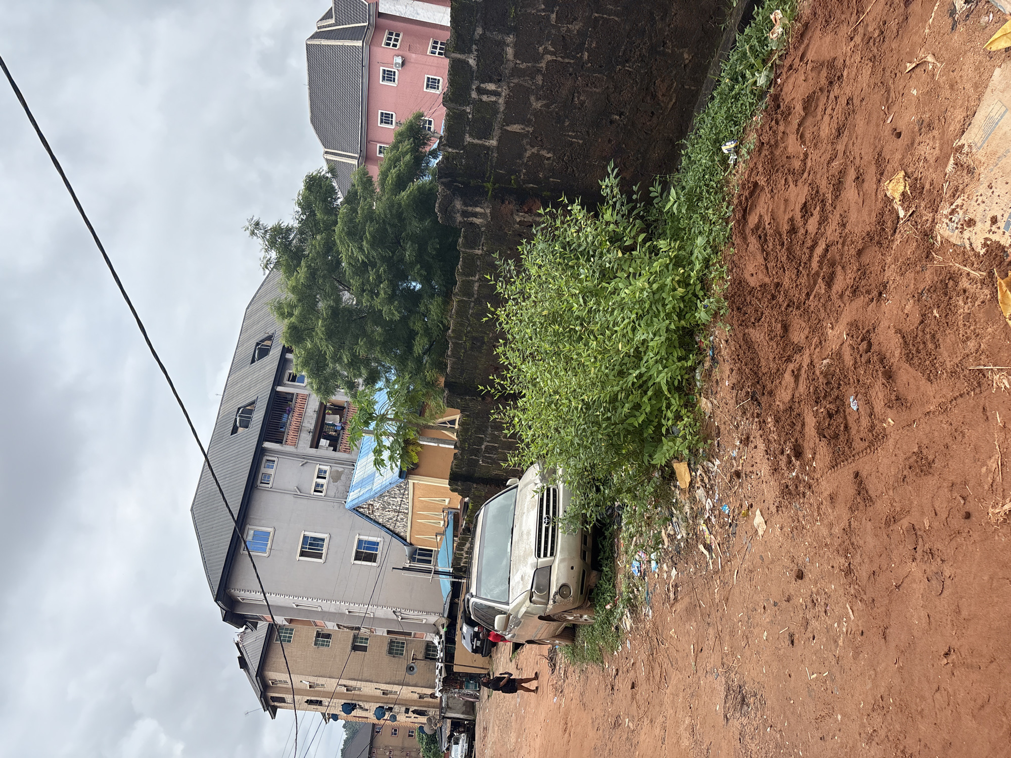 The image depicts a street scene in Nkpor, Nigeria, characterized by red earth and scattered debris. In the foreground, a light-colored SUV is parked on the side of a dirt road. A young person in a dark top and skirt is standing to the left of the vehicle. Behind the car, a thick patch of green vegetation grows along a dark, textured brick wall. Beyond the wall, several multi-story buildings are visible, including a tall, light-colored building and a pink building with a dark roof. The sky is overcast, with a single black power line stretching across the upper portion of the frame. The overall impression is one of an urban environment with elements of disarray, including litter near the vegetation and the parked vehicle.