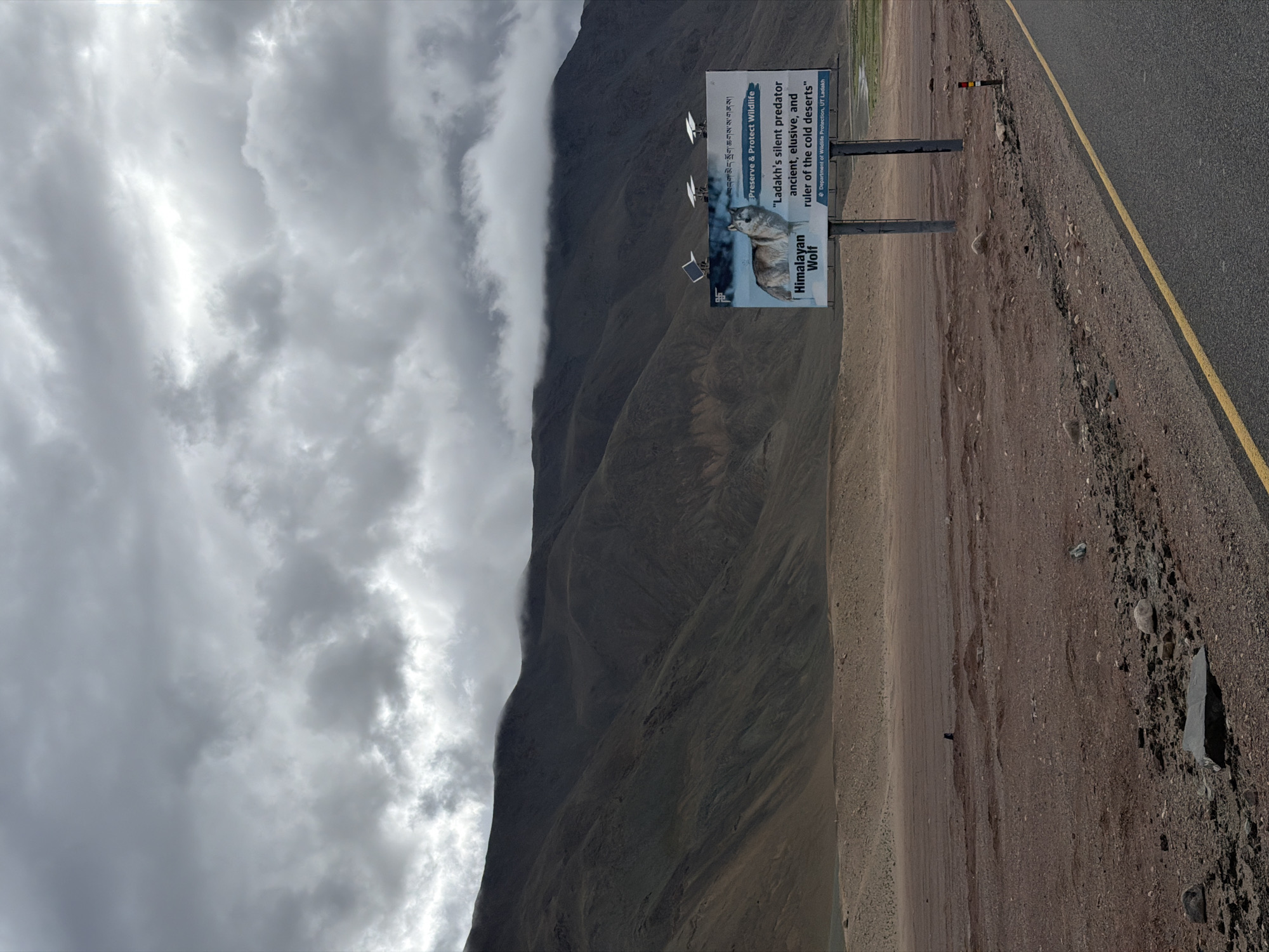 A billboard advertising the "Himalayan Wolf" stands by a road in Nyoma, India. The billboard features a photo of a wolf and text that reads, "Preserve & Protect Wildlife" and "Ladakh's silent predator ancient, elusive, and ruler of the cold deserts." Below the main text, it states "Department of Wildlife Protection, UT Ladakh." The billboard is supported by two metal poles and has three solar panels mounted on top. The surrounding environment is arid and mountainous, with a dirt road in the foreground. The sky is overcast with dramatic clouds.