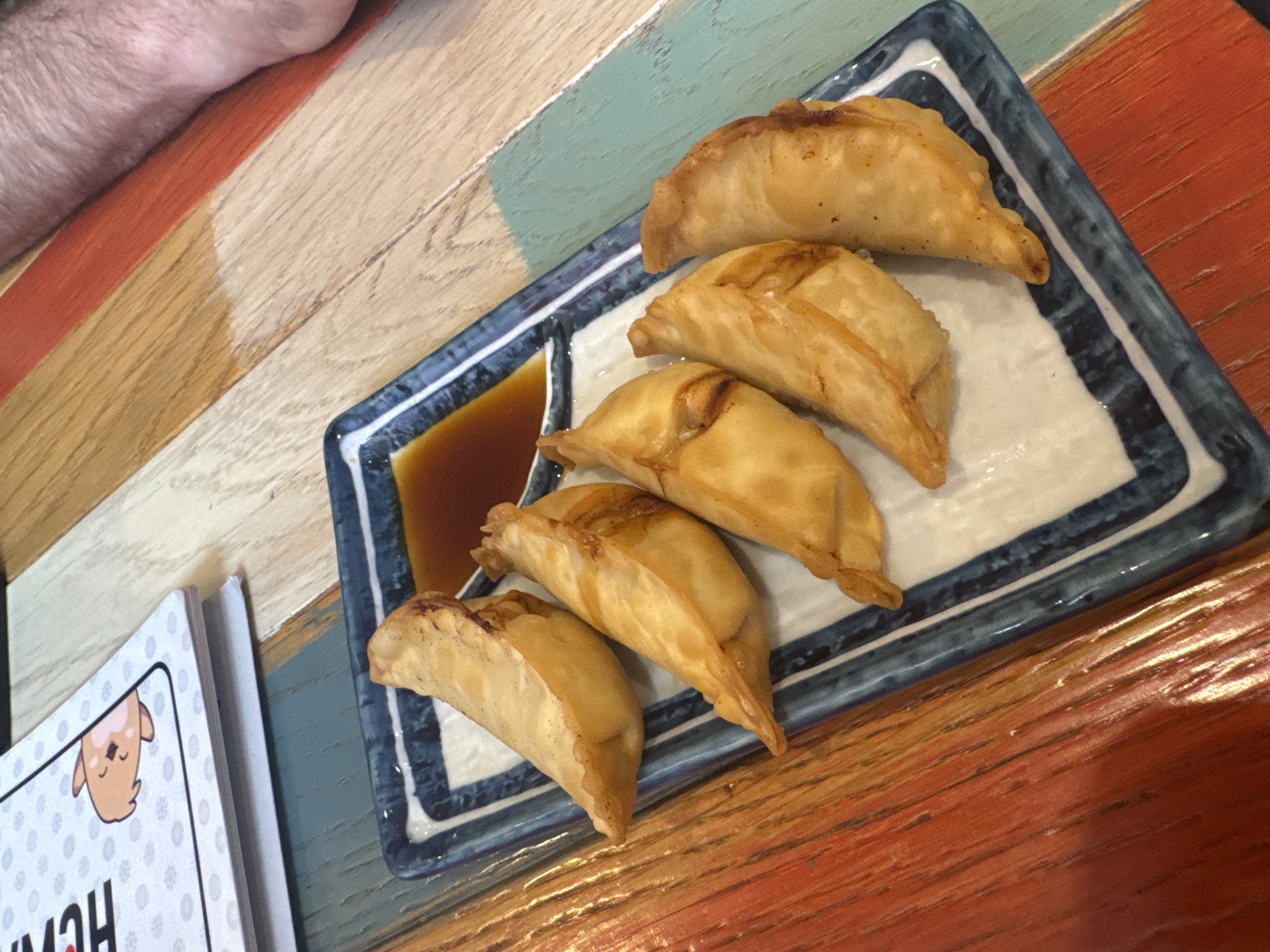 A high-angle, close-up shot displays a plate of five golden-brown fried dumplings, resembling gyoza or similar turnovers, arranged on a rectangular white ceramic plate with a distinctive blue and white patterned border. A dark dipping sauce, likely soy sauce, is visible in a small compartment on the left side of the plate.
The plate is set on a rustic wooden table, characterized by planks of varying colors including light brown, mint green, and a rich reddish-orange. In the upper left corner of the frame, the arm and hand of a person are partially visible. To the lower left, part of a small booklet or menu is seen, featuring a cartoon drawing of a light brown dog with a dark nose. A partial, possibly upside-down word "HCH" is visible on the booklet's cover.
The scene depicts a casual dining setting, likely indoors, focusing on the meal. The dumplings appear freshly prepared. The specific location cues are limited, but the overall ambiance suggests a relaxed eatery.