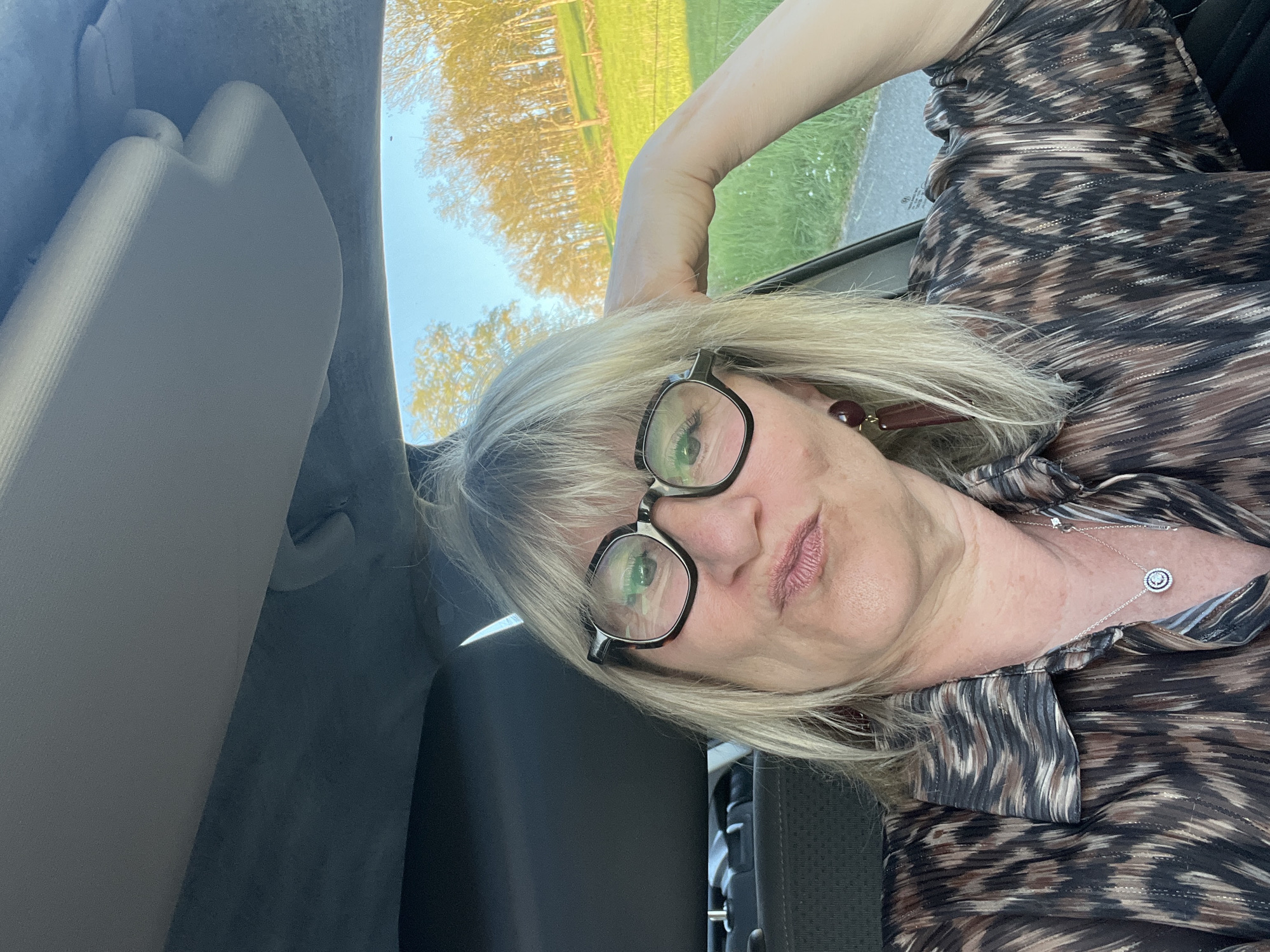 A woman with short blond hair, wearing glasses, a patterned shirt, and a necklace, is in the driver's seat of a car. The car's interior is gray. A sun visor is visible on the left. Outside the window, a green field, trees, and a road can be seen. The location is Chambœuf, France, based on image origin.