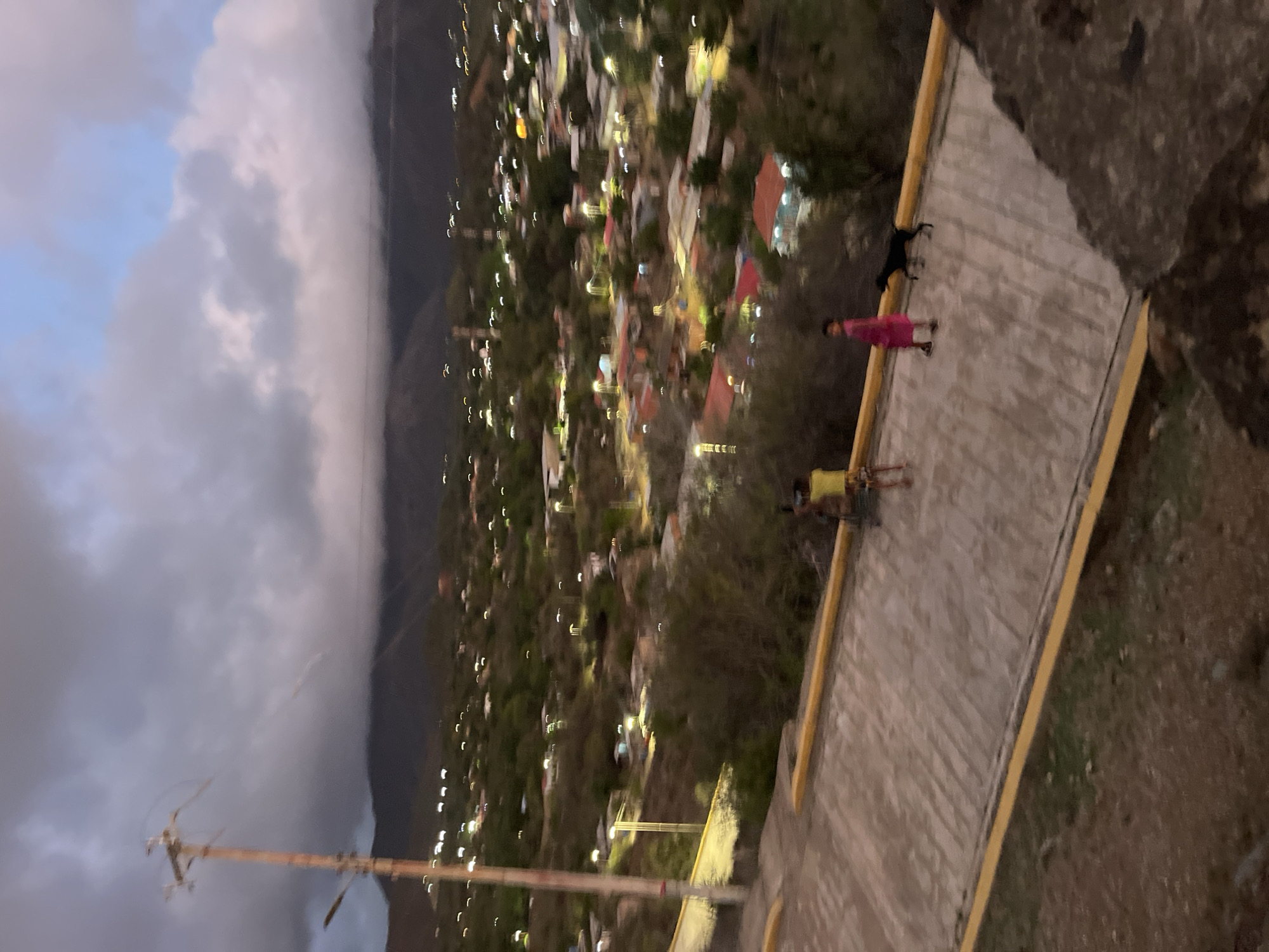 The image depicts an elevated view of a town at dusk, possibly in Santa Ana, Venezuela. The sky is a blend of dark, cloudy gray and lighter blue, with indistinct cloud formations. In the foreground, a paved pathway with yellow curbing slopes downwards. Two children and a black dog are visible on this pathway. One child, wearing a yellow shirt and patterned shorts, stands to the left. The other child, in a pink dress, walks to the right. The black dog accompanies the child in the pink dress. The pathway leads into a densely populated hillside town. Numerous buildings with red and orange roofs are scattered across the landscape, illuminated by streetlights and interior lights, creating a bokeh effect of small, bright orbs. Vegetation, appearing as dark green foliage, is interspersed among the buildings. In the background, a mountain range is shrouded in mist or clouds, with more lights visible in the distance, suggesting a larger settlement or a continuation of the town. A prominent utility pole with wires stands on the left side of the pathway, adding to the sense of a community. The overall impression is of a tranquil evening in a hilly, possibly rural or semi-rural, urban environment.