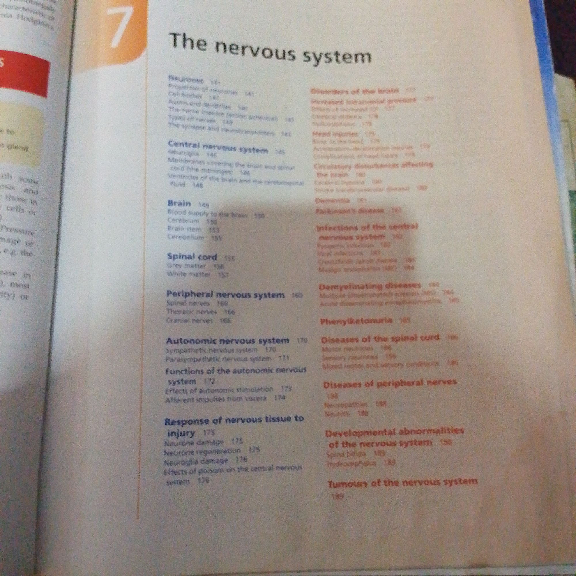 The image shows a close-up of a book's index. The chapter title "The nervous system" is prominently displayed. Several subheadings and page numbers are listed, indicating a detailed exploration of the nervous system's anatomy, functions, and disorders. There are no discernible elements in the image that relate to the city of Jalingo, Nigeria, or any forensic context. The image is solely focused on the content of the book.