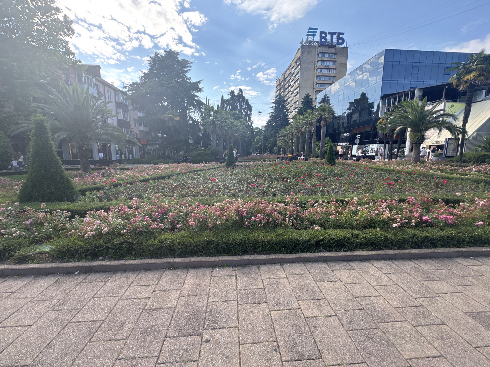 The image depicts a street scene in Sochi, Russia, featuring a well-maintained flower bed in the foreground filled with blooming pink roses and other plants. Behind the flower bed, a paved walkway is visible, and beyond that, a line of trees, including palm trees and conifers, separates the flower garden from the urban environment. In the background, several buildings are present. The most prominent are a tall, older building with a blue "ВТБ" logo at the top, and a modern, glass-facade building adjacent to it. Several people are scattered throughout the scene, some walking on the paved areas or sitting on benches, while others are visible in the storefronts of the buildings. The sky is blue with scattered white clouds, indicating fair weather. The overall impression is a pleasant, urban public space with a focus on natural beauty.