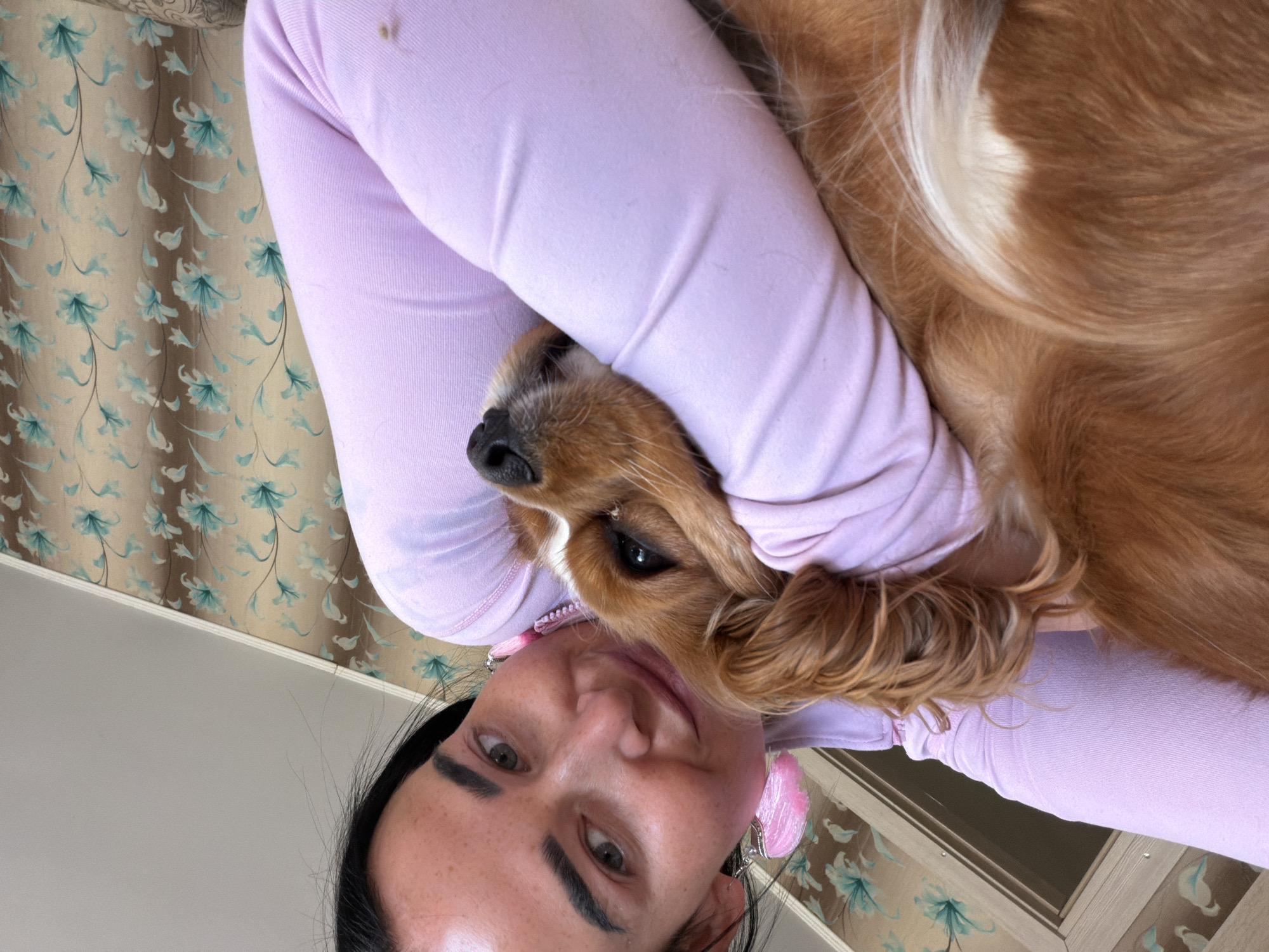 The image depicts a selfie taken indoors, likely in a residential setting. A woman with dark hair and light eyes is smiling at the camera. She is wearing a light purple long-sleeved shirt. A brown and white spaniel-type dog is nestled in her arms, its head resting against her arm. The woman is wearing large pink earrings. The background includes a wall and a window with curtains featuring a floral pattern. There is no information to suggest that the photo was taken in Bronnitsy, Russia.